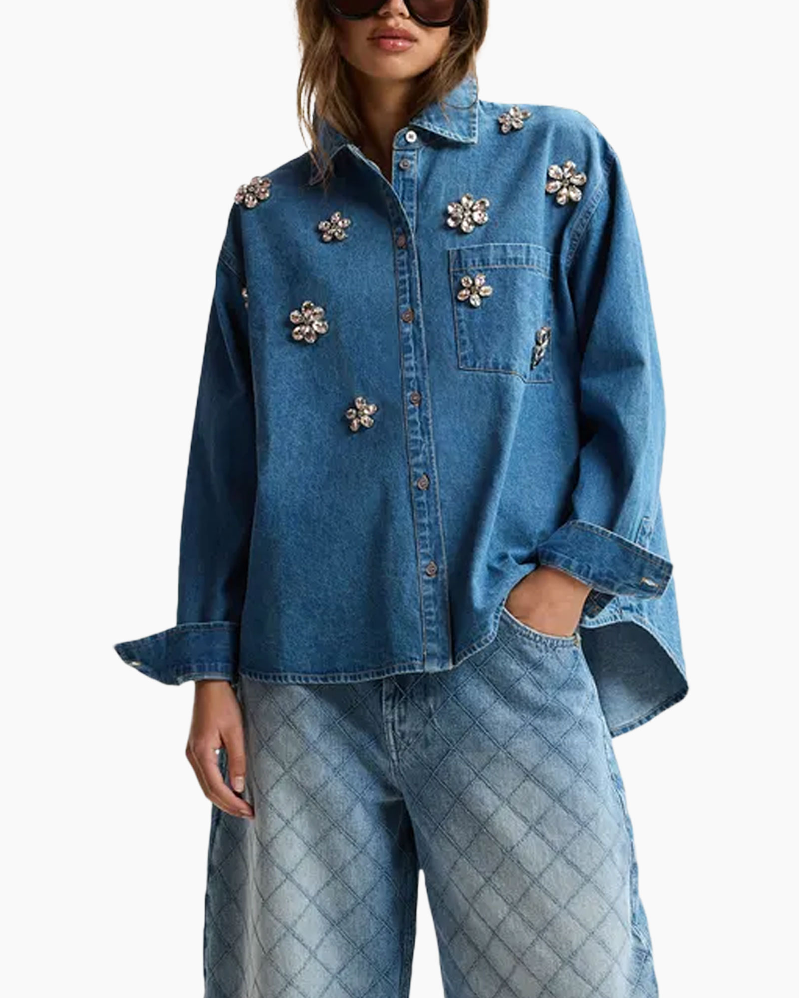 denim blouse, versierde, lange mouwen, kraag, voorzak