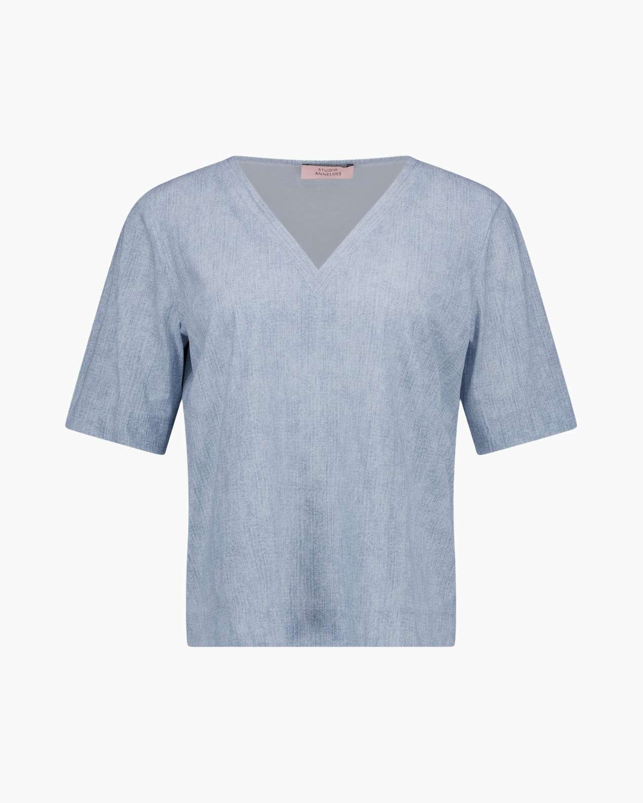 linnen, top, V-hals, korte mouwen, lichtblauw