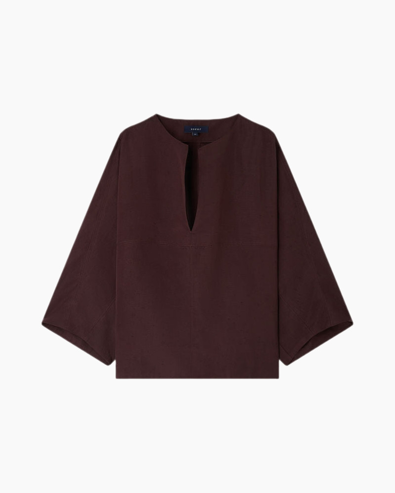 top, blouse, burgundy, kort-sleeve, linnen-achtig