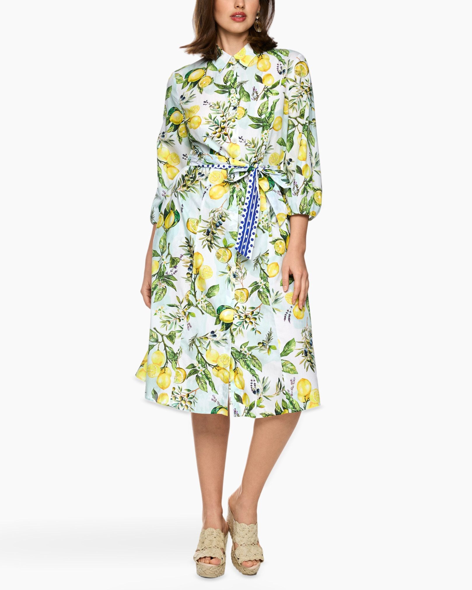 jurk, mid-length, citroenprint, riem, pofmouw