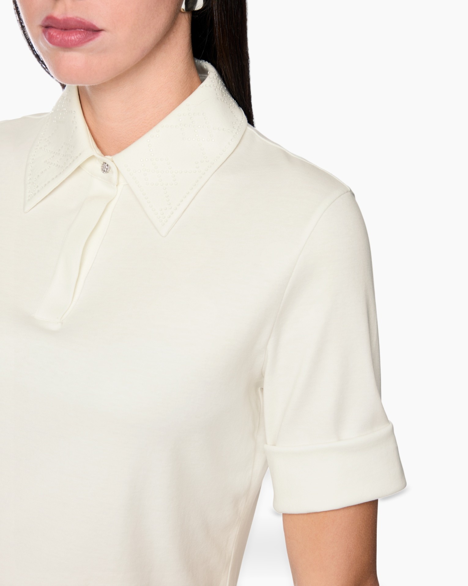 blouse, kraag, stippenpatroon, korte mouw, crepe/gebreide stof