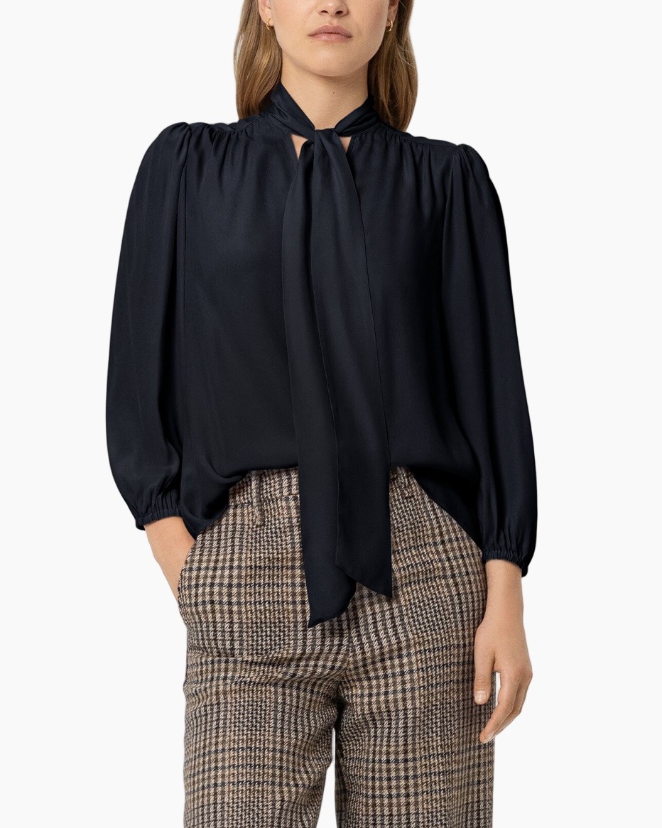 blouse, hals-tie, lange mouwen, pofmouw, marineblauw