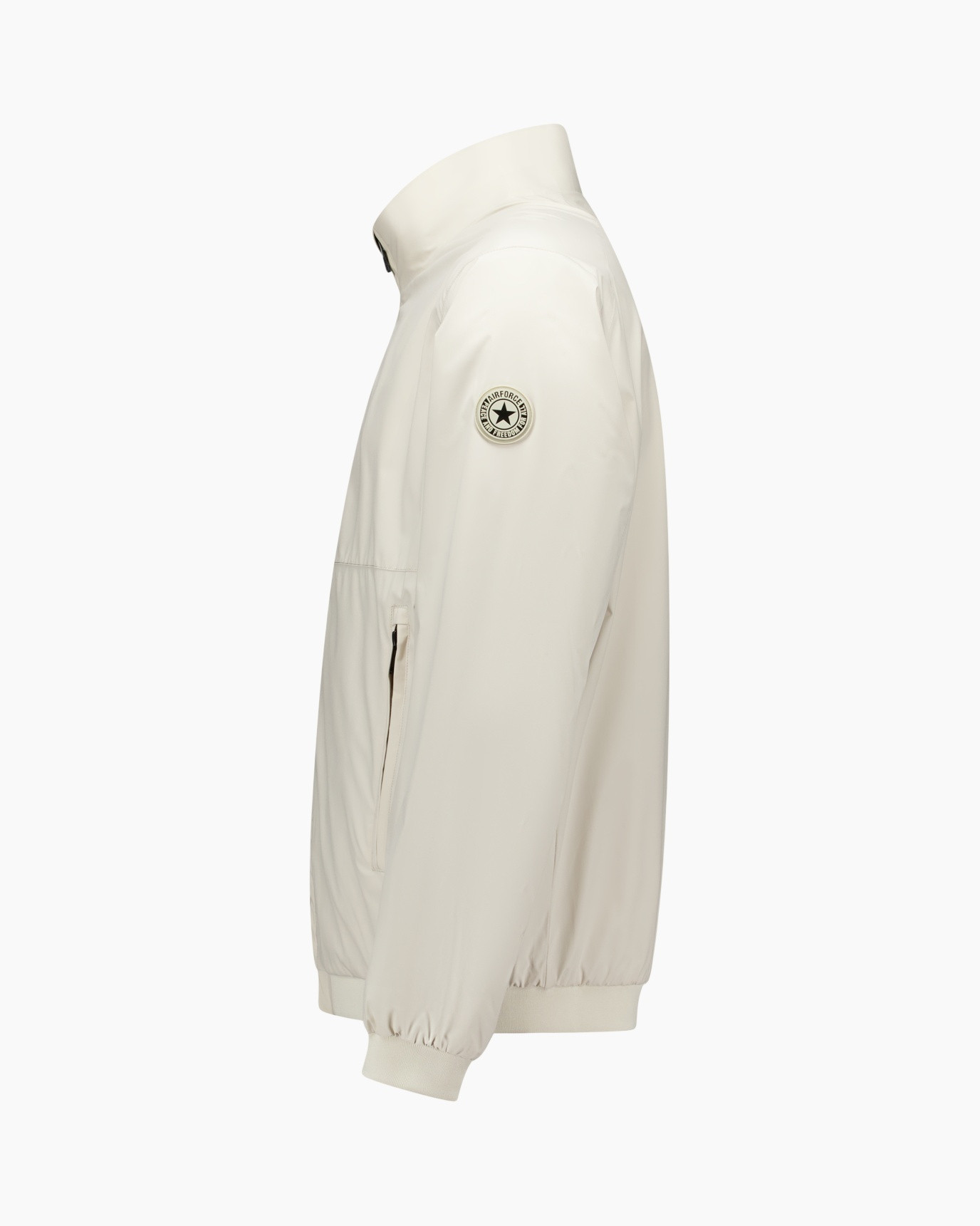 white jacket, bombardier badge, windbreaker, pufferless, zip pockets