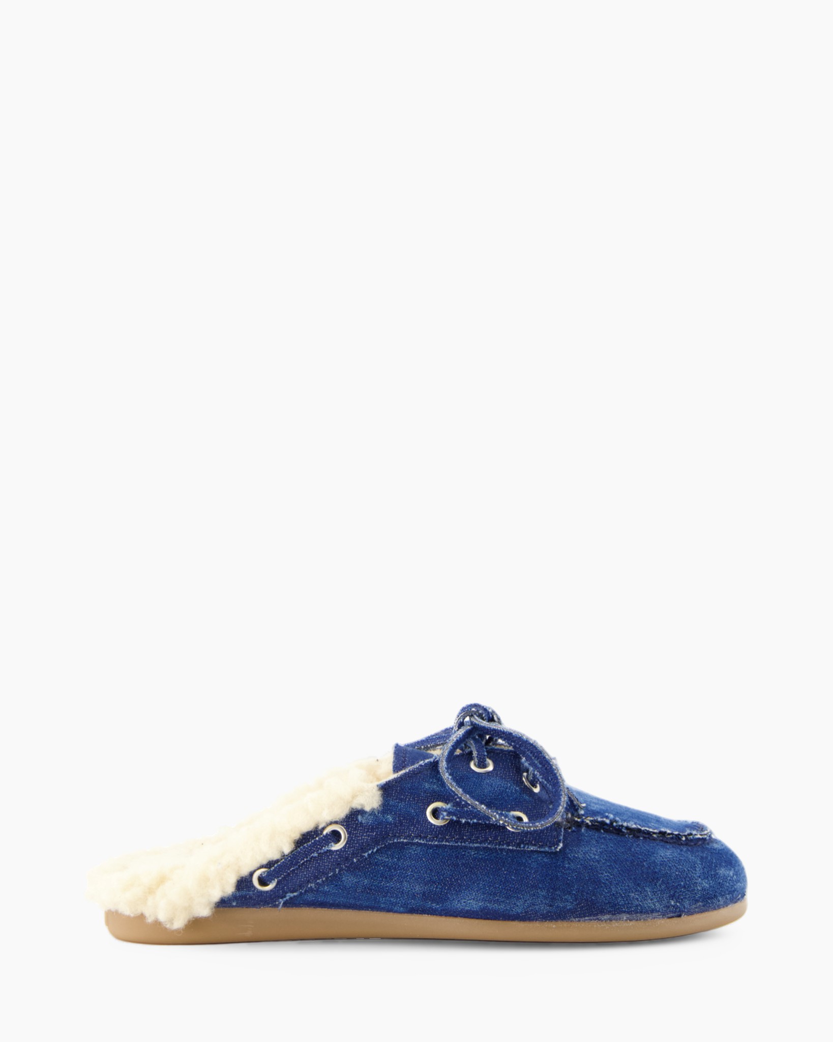 pantoffel, blauwe denim, vetersluiting, voering van imitatiebont, platte zool