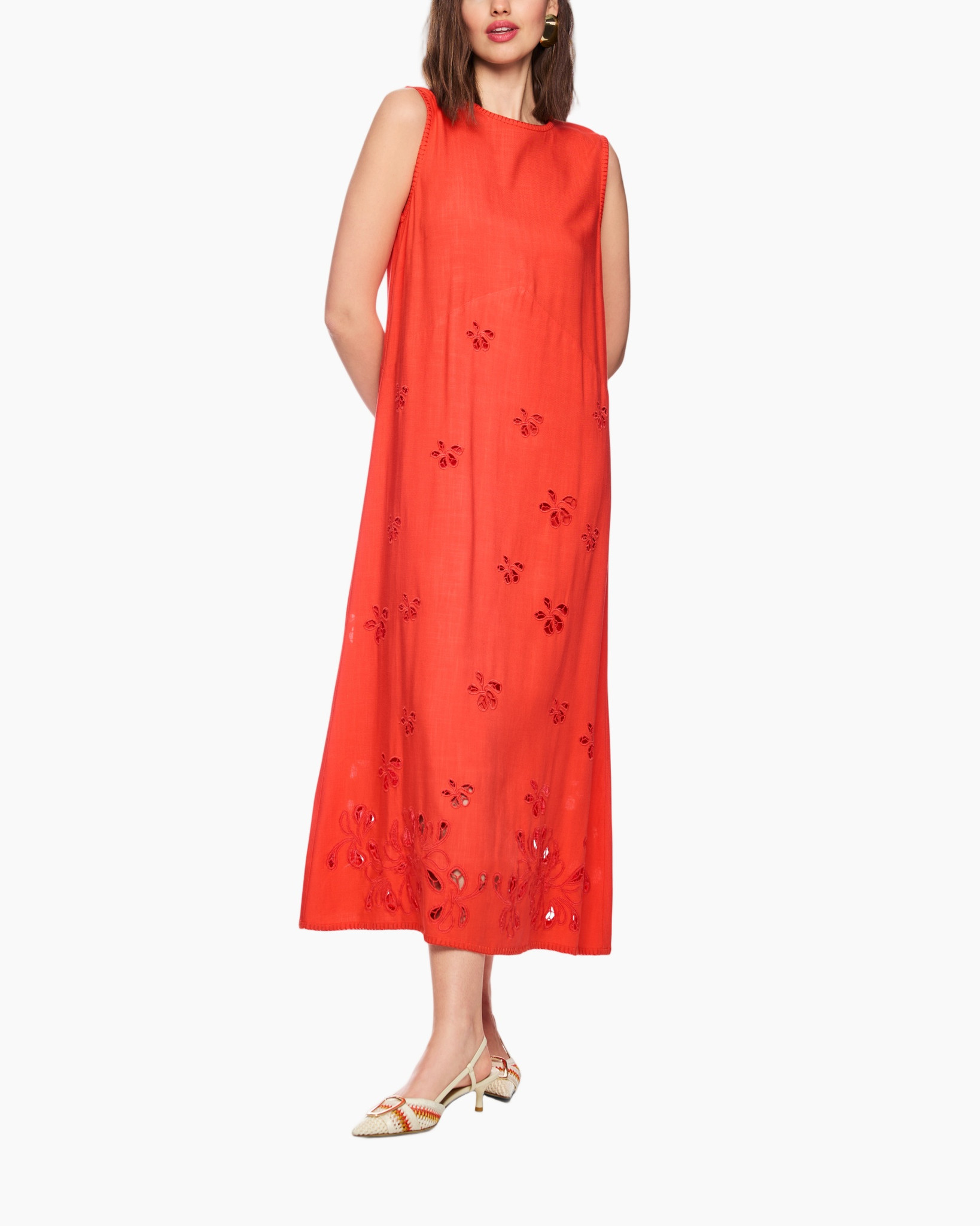 jurk, maxi, oranje, borduursel, mouwloos