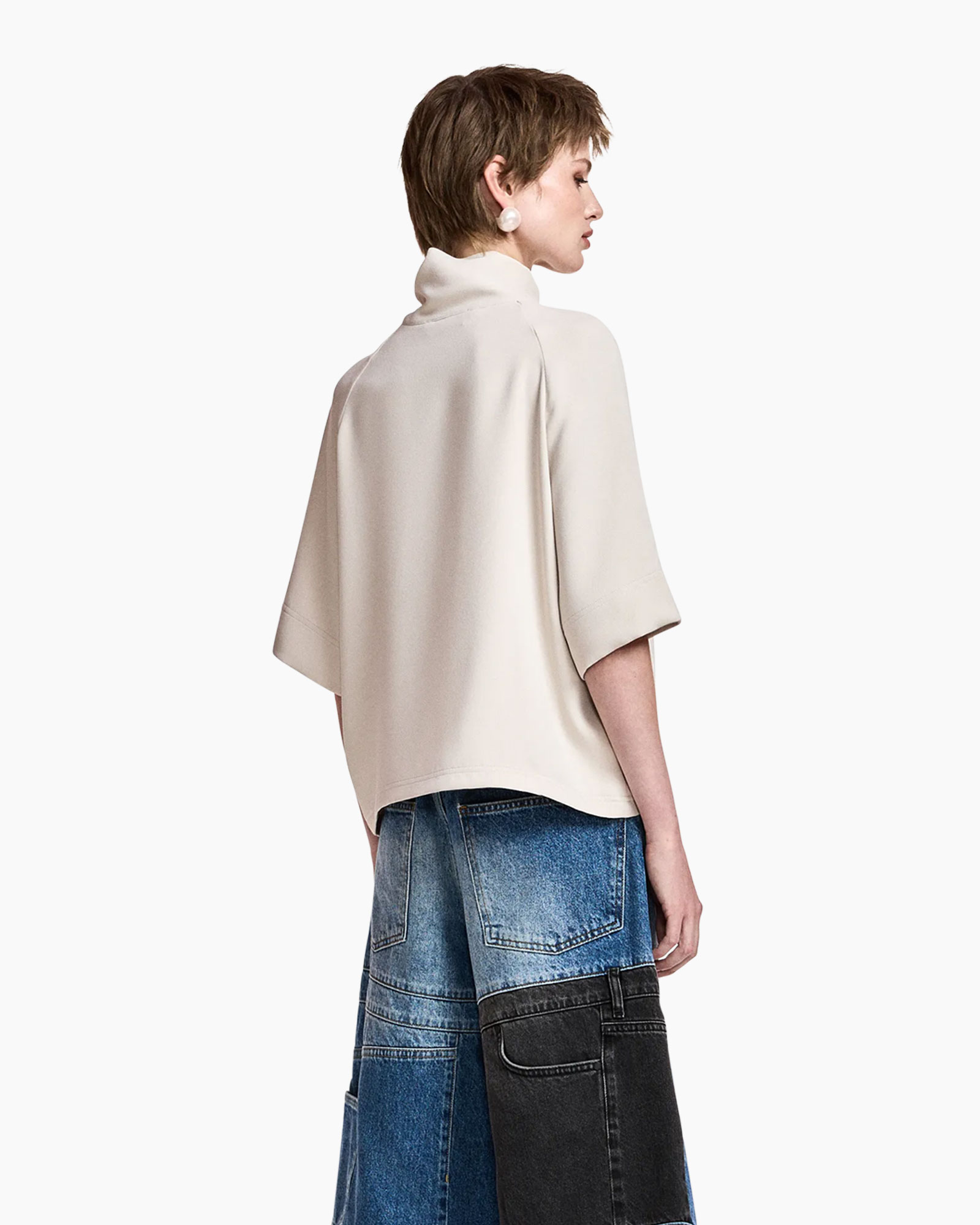 blouse, halskrage, korte mouwen, beige, portemonnee/purse