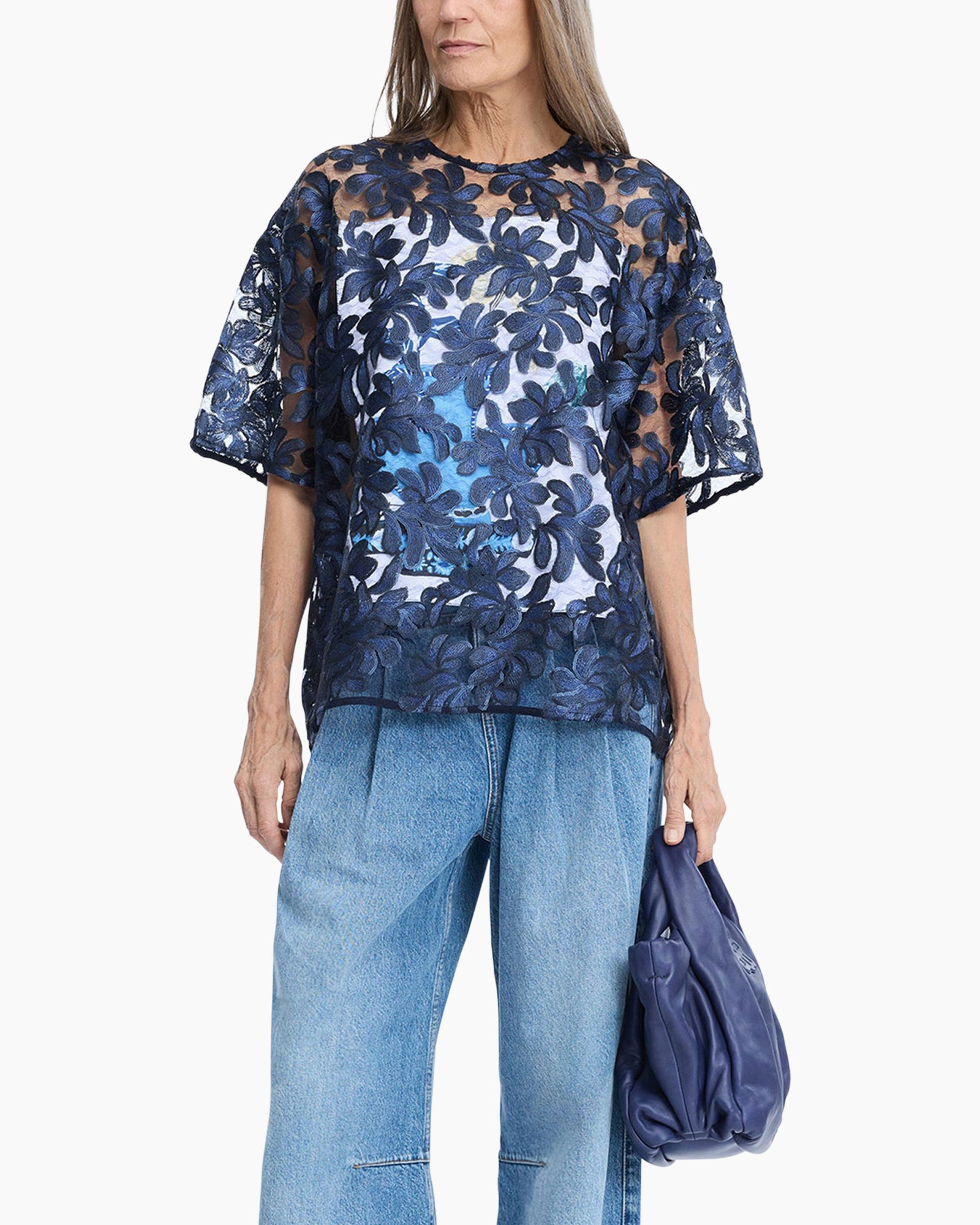 lace top, blue floral, transparent overlay, short sleeve, loose fit