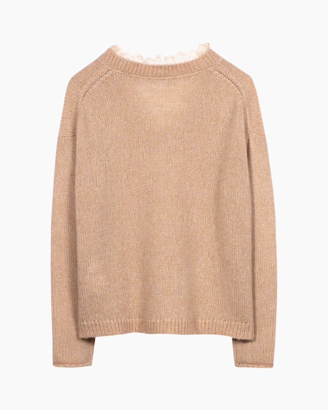 gebreide trui, beige, kraagloze?, lange mouw, textured stof