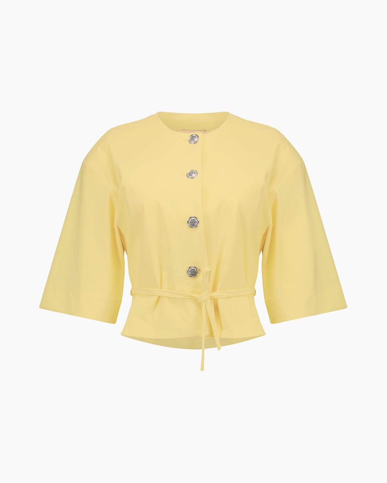 top, blouse, geel, knopen, riem