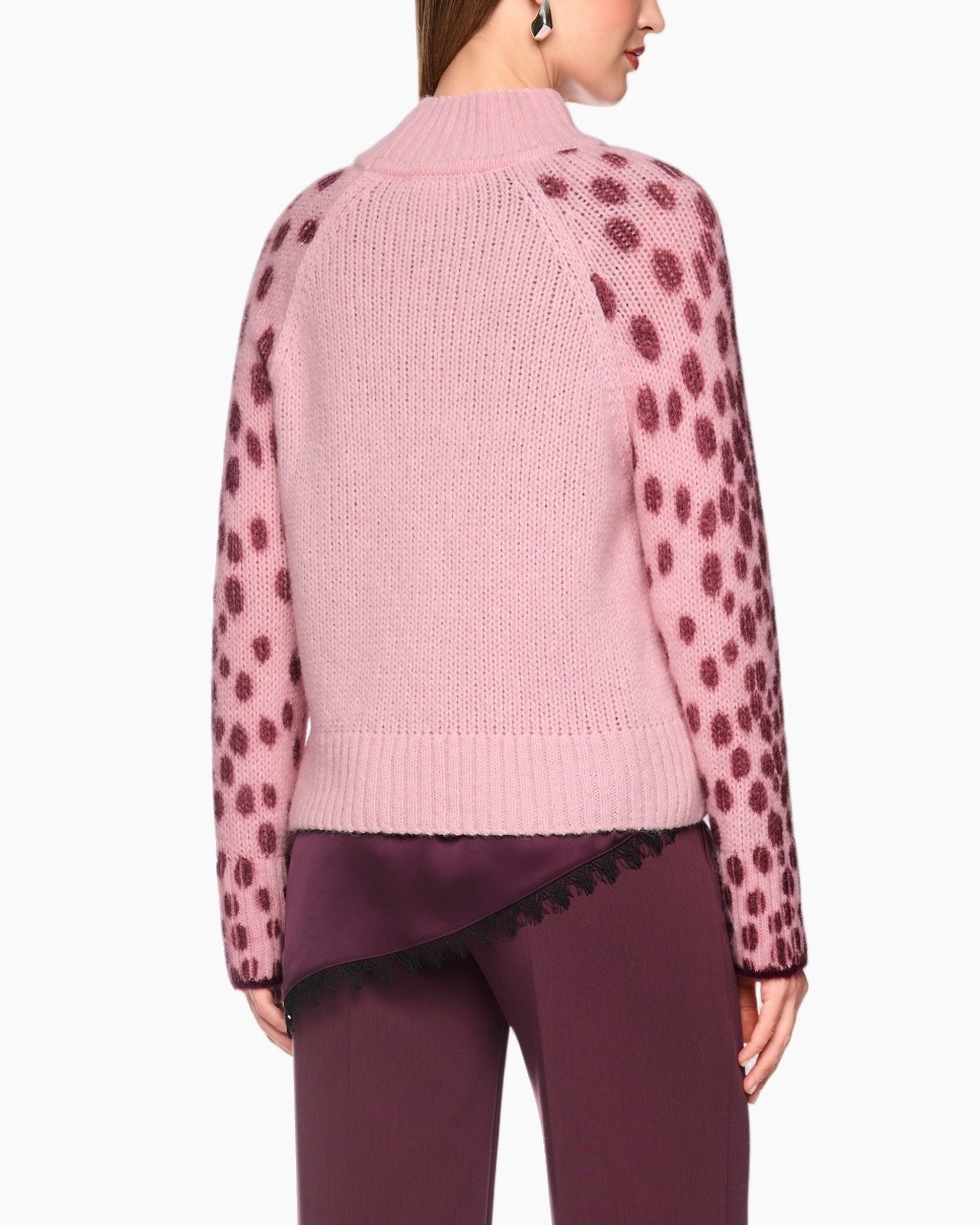 roze trui, brei trui, leeuw patroon, turtleneck, lange mouw
