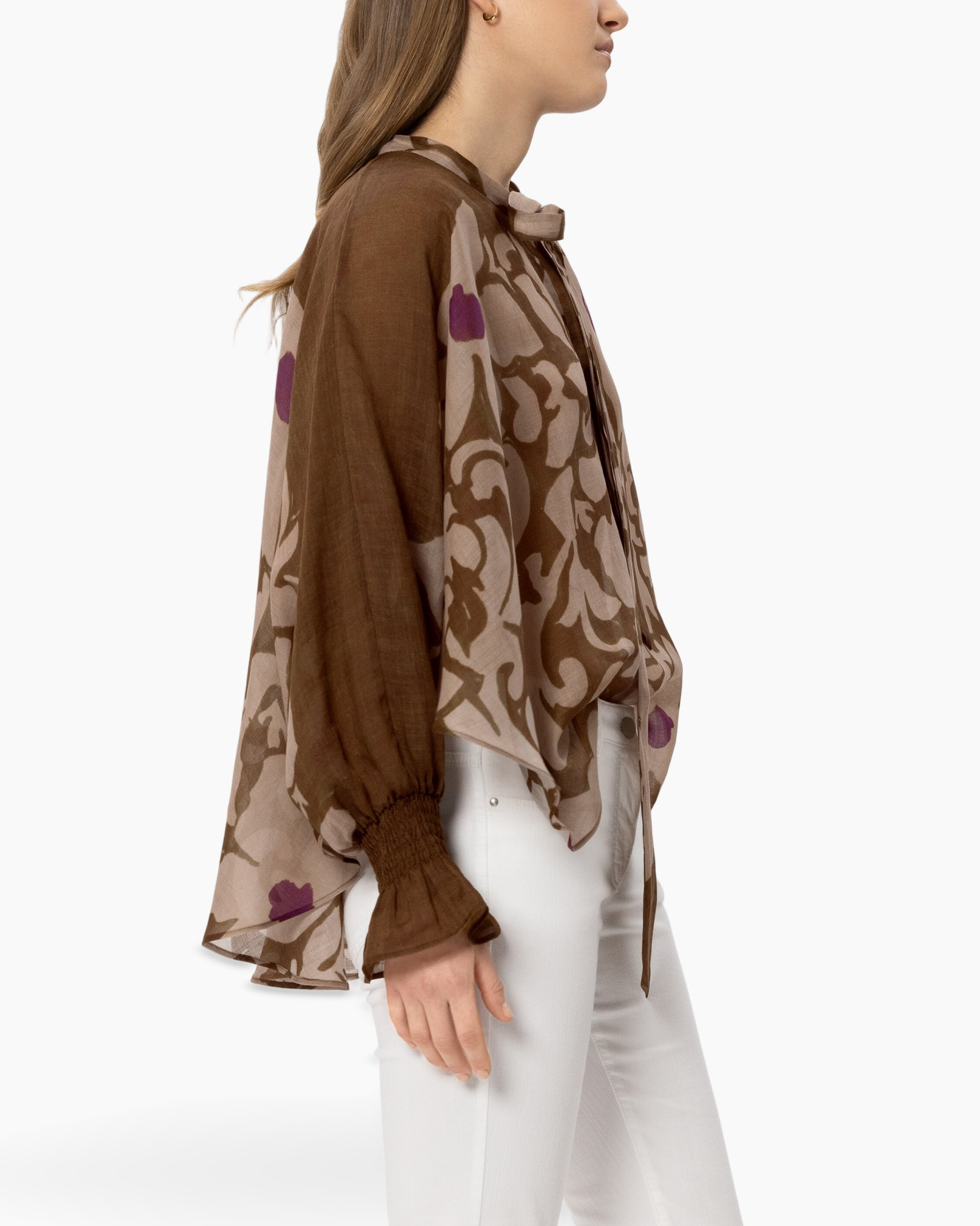 blouse, doorschijnend, bloemenpatroon, bruin, lange mouwen