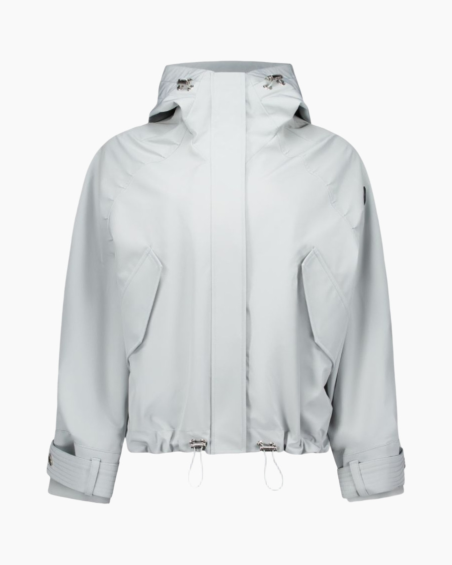 hooded jacket, light gray, parka, drawstring hem, puffy collar