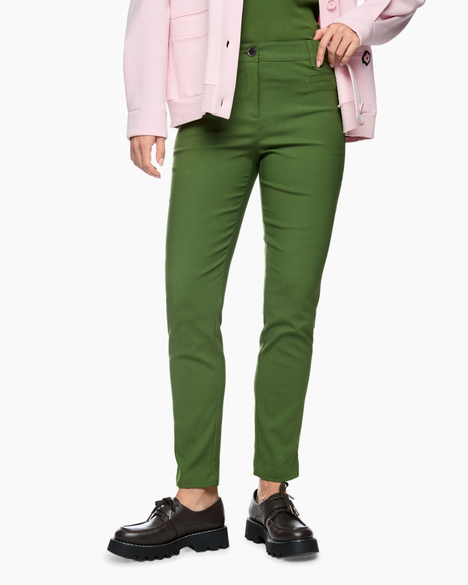 broek, groen, slim fit, korte lengte, vrouw