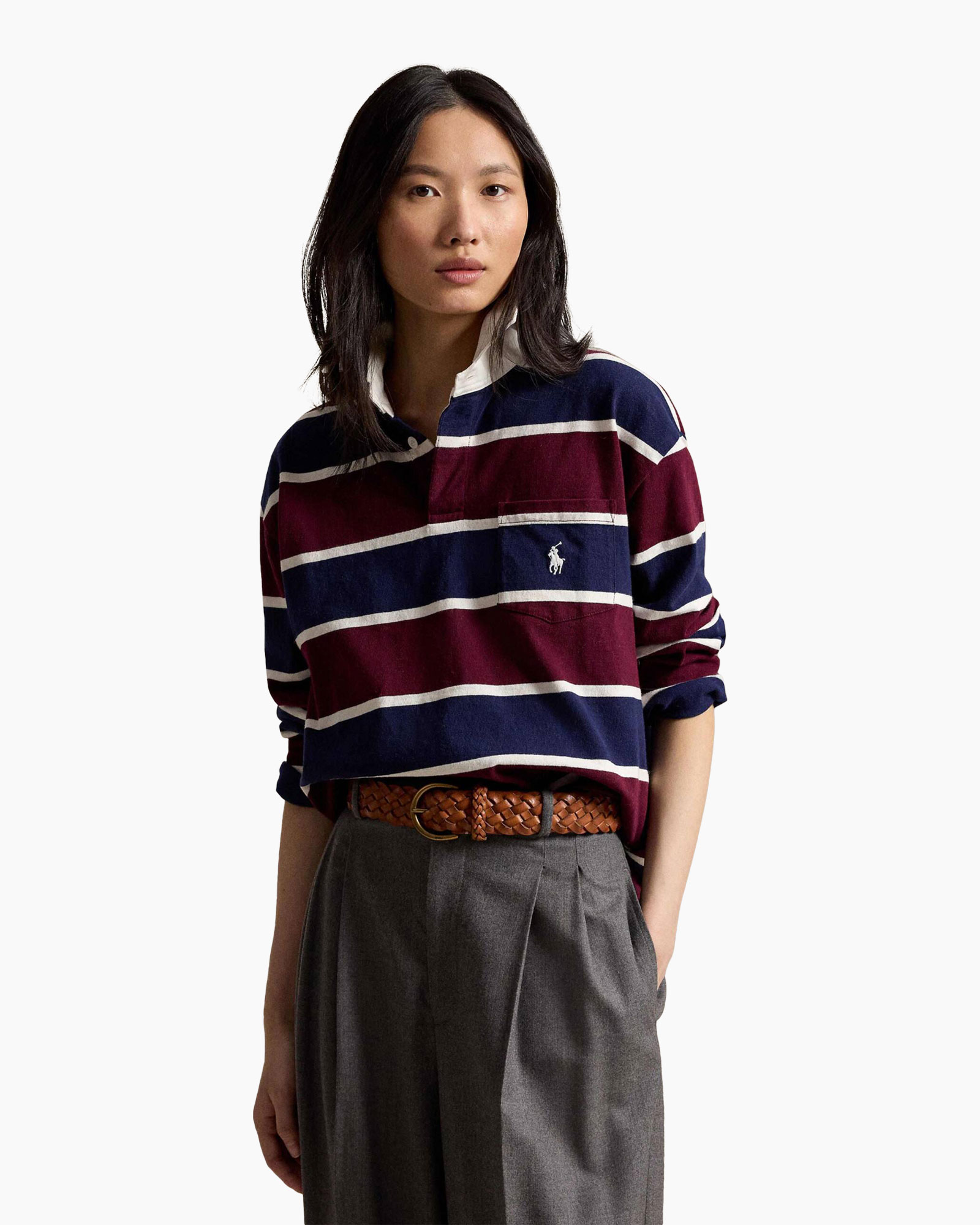 gestreepte polo, lange mouwen polo, bordeaux blauw strepen, polo shirt, zaklogo