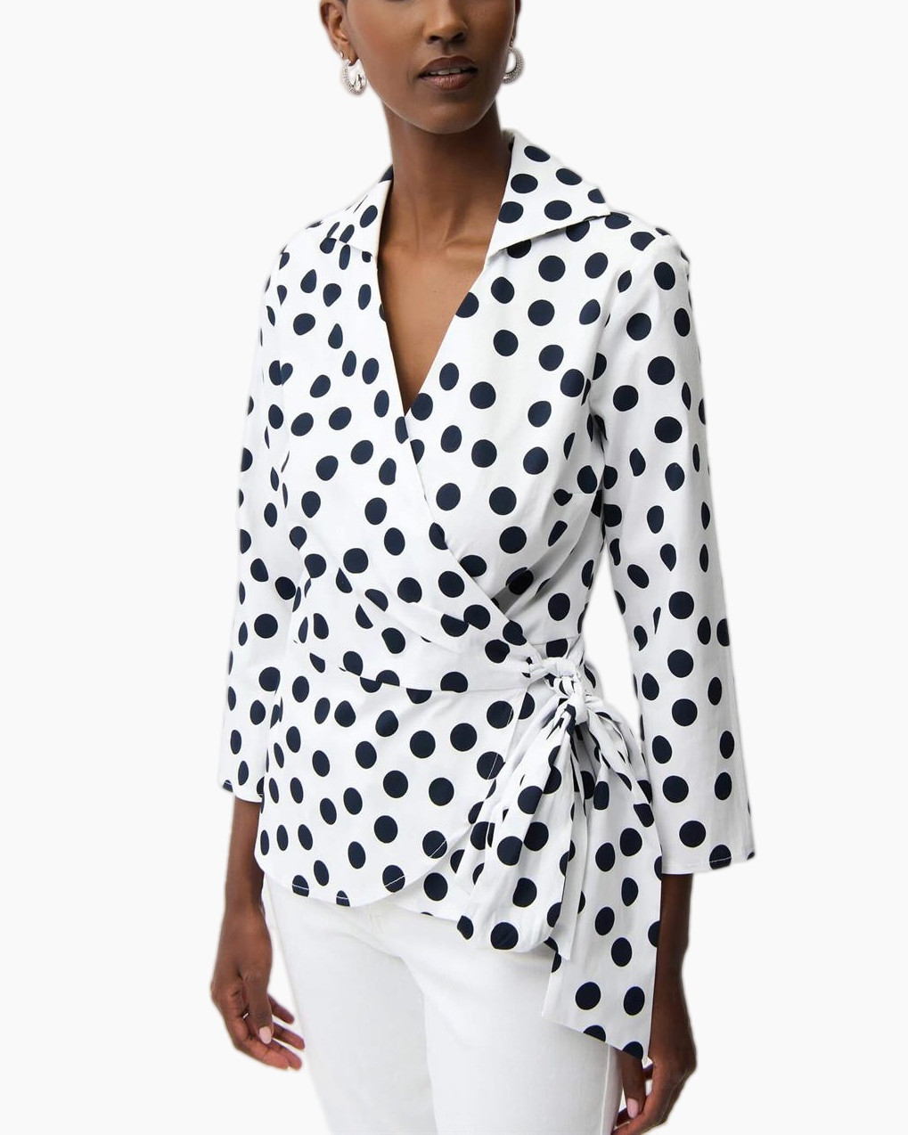 polkadot, wraptop, witte top, langemouw, blouse
