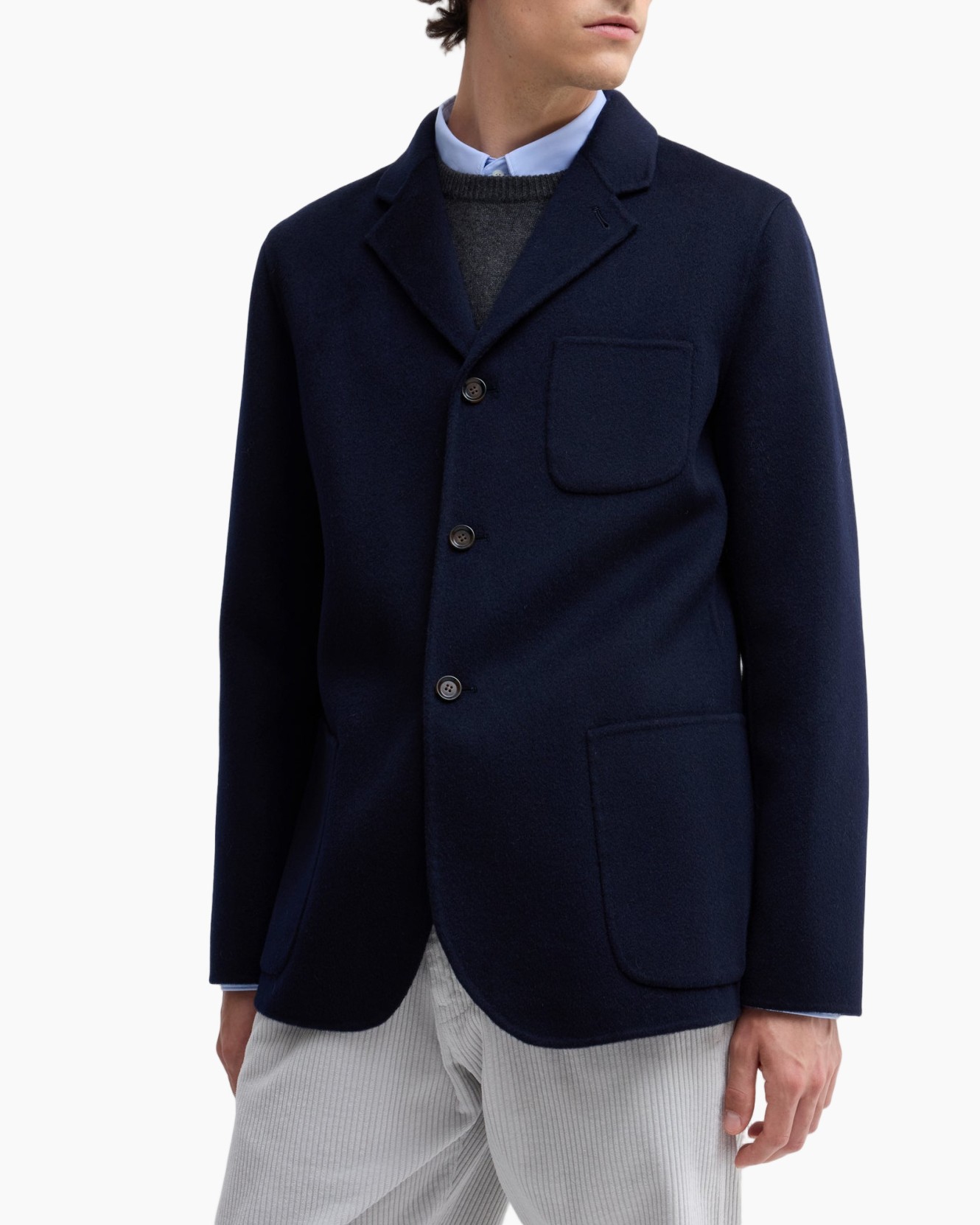 blazer donkerblauw, wolachtig materiaal, patchzakken, tweedelige kraag, nietched collar