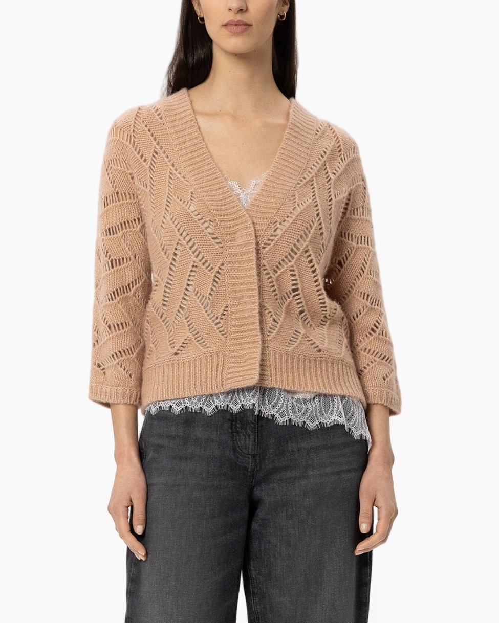 cardigan, breipatroon, beige, V-hals, kante stof