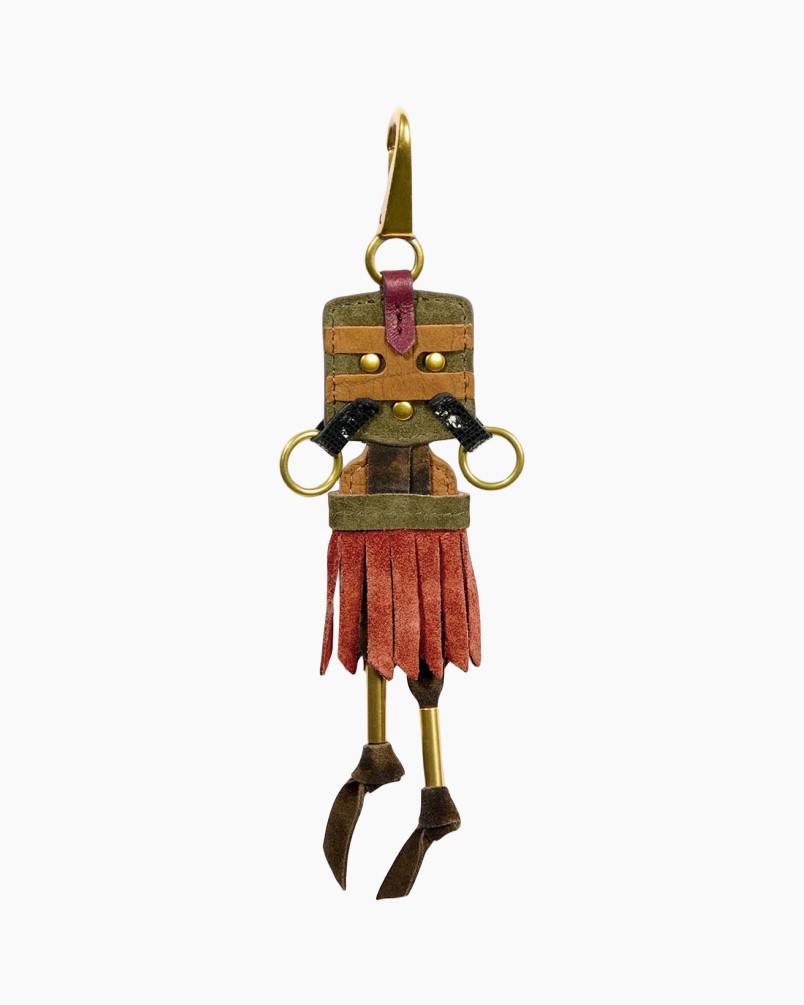sleutelhanger, kleine figuur, leer, franje, rood-bruin