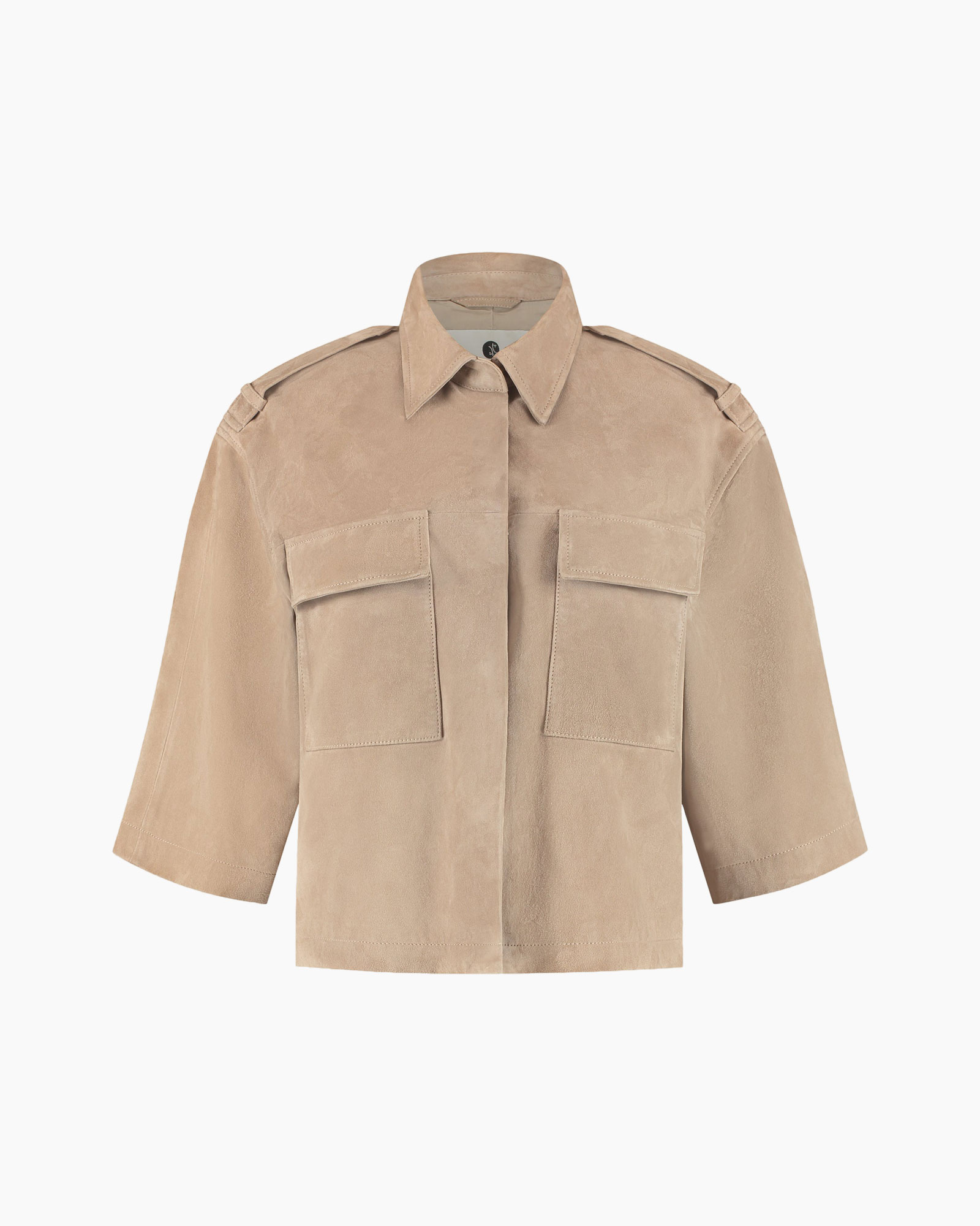 beige suède,  cropped jas,  zakken,  halve mouw,  kraag