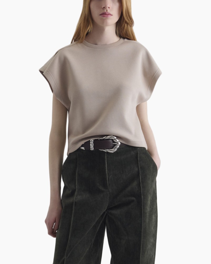 hemd, top, beige, korte mouwen, riem