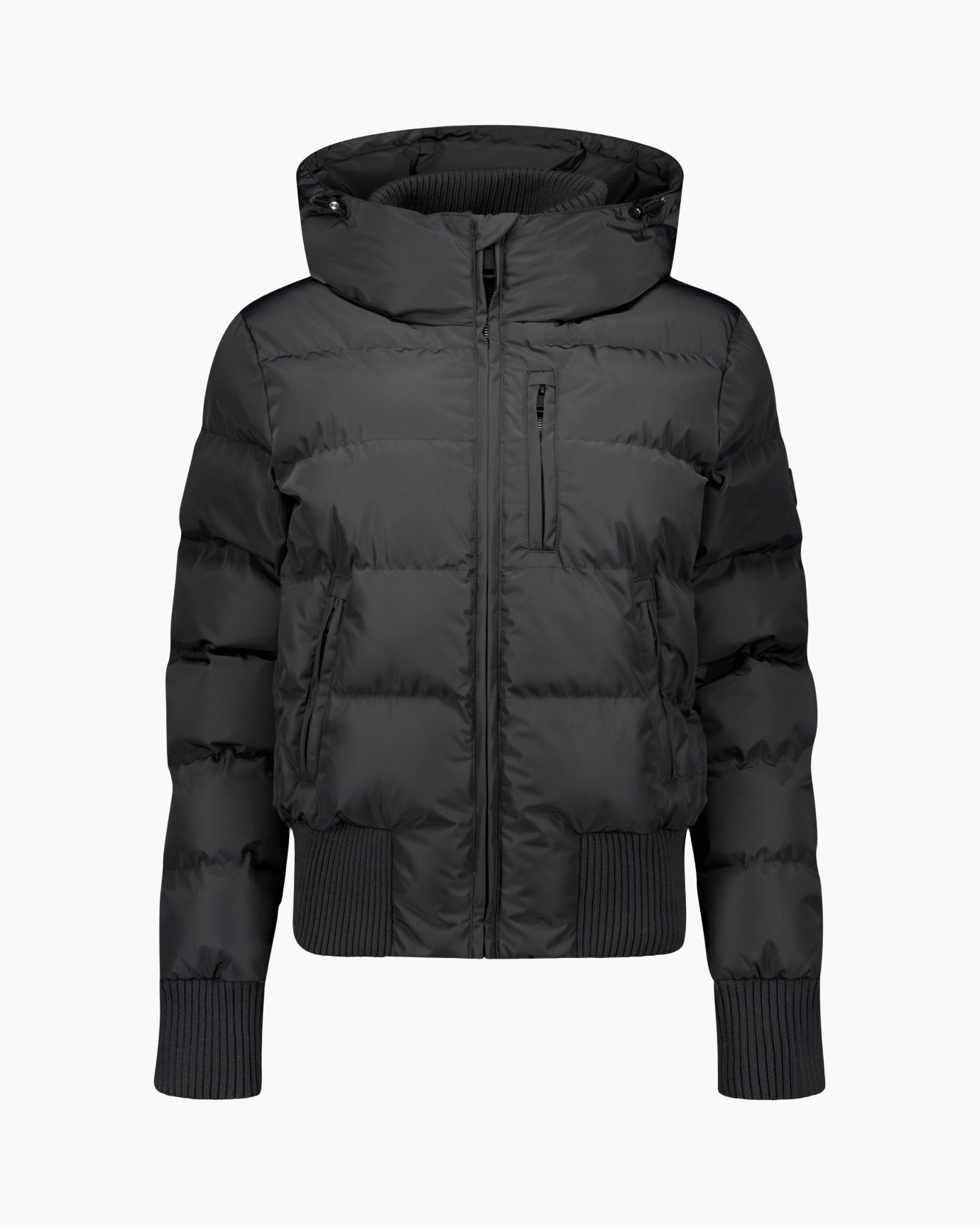 donsjacket, capuchonjas, zwart, puffer vulling, ritssluiting zak