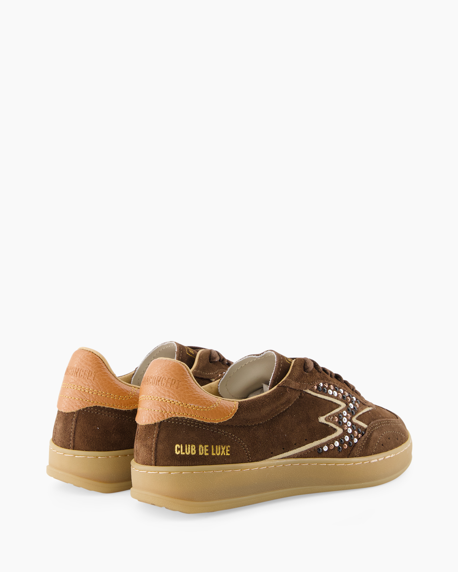 bruin, suede, slip-on, ster-achtige versiering, gumzool