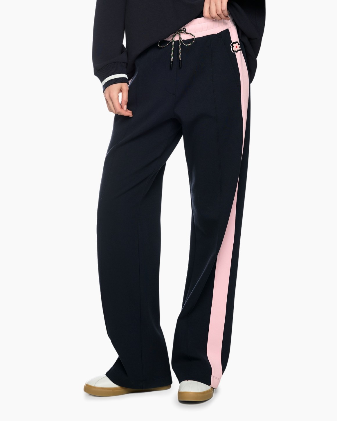 broeken, trainingsbroek, marineblauw, roze streep, touwtje