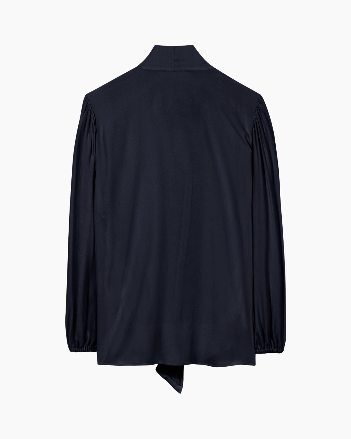 blouse, donkerblauw, lange mouwen, gerafelde schouders, knoopsluiting achter (strik)
