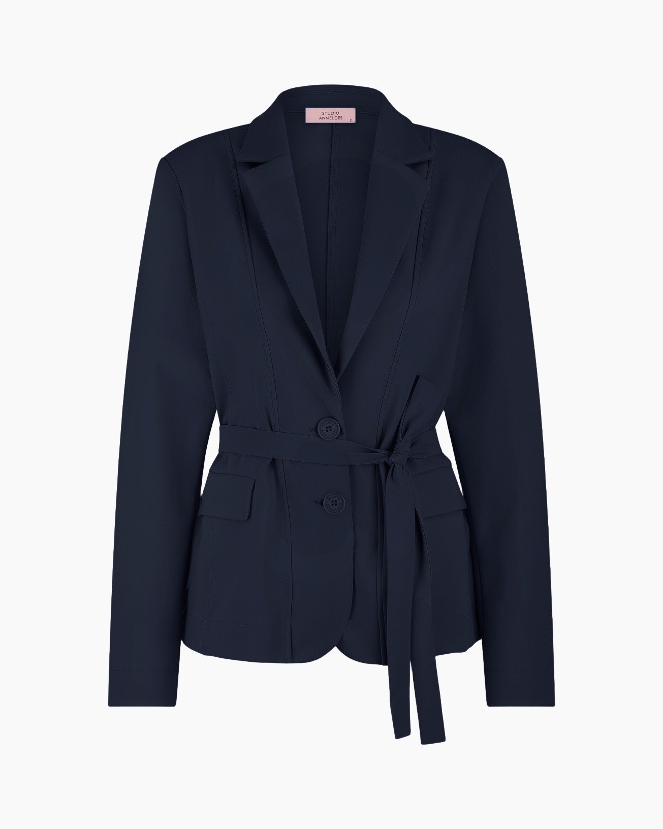 blazer, marineblauw, belted, gestructureerde blazer, dubbelbrede