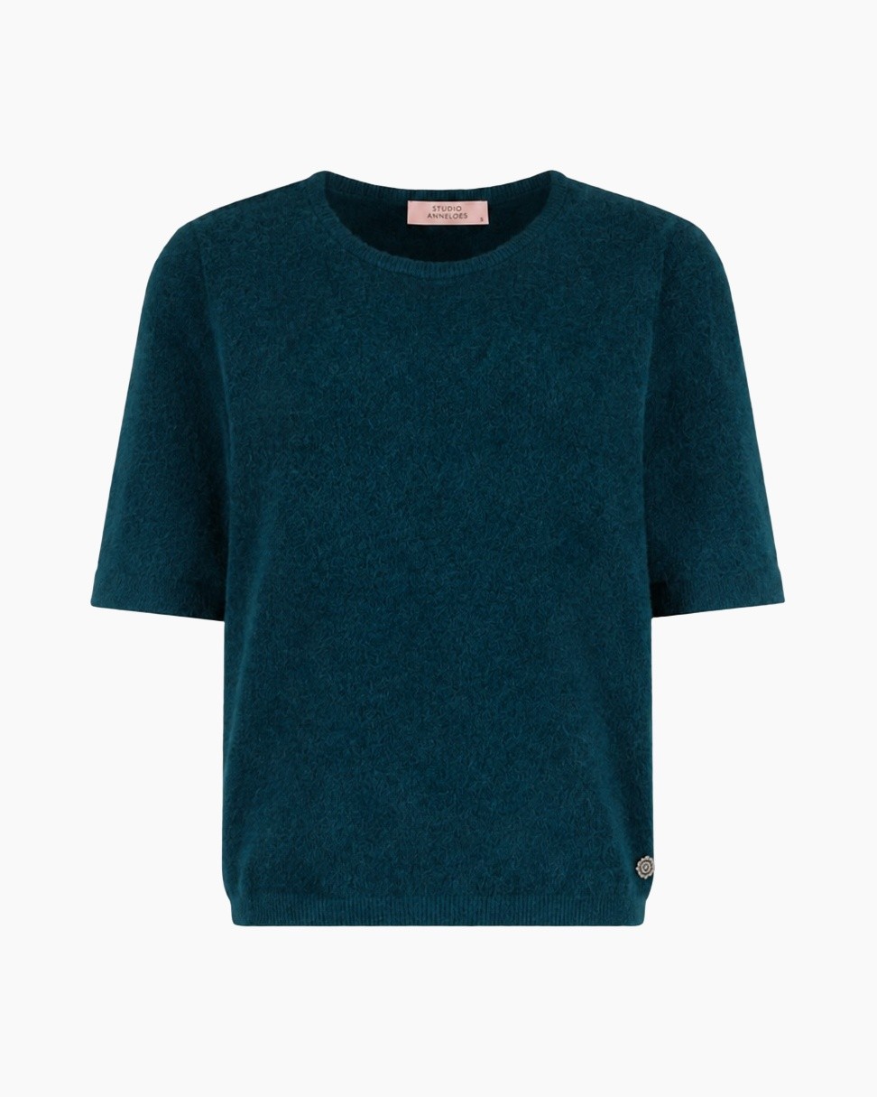trui, korte mouw, turkoois/blauw, breiwerk, ronde hals