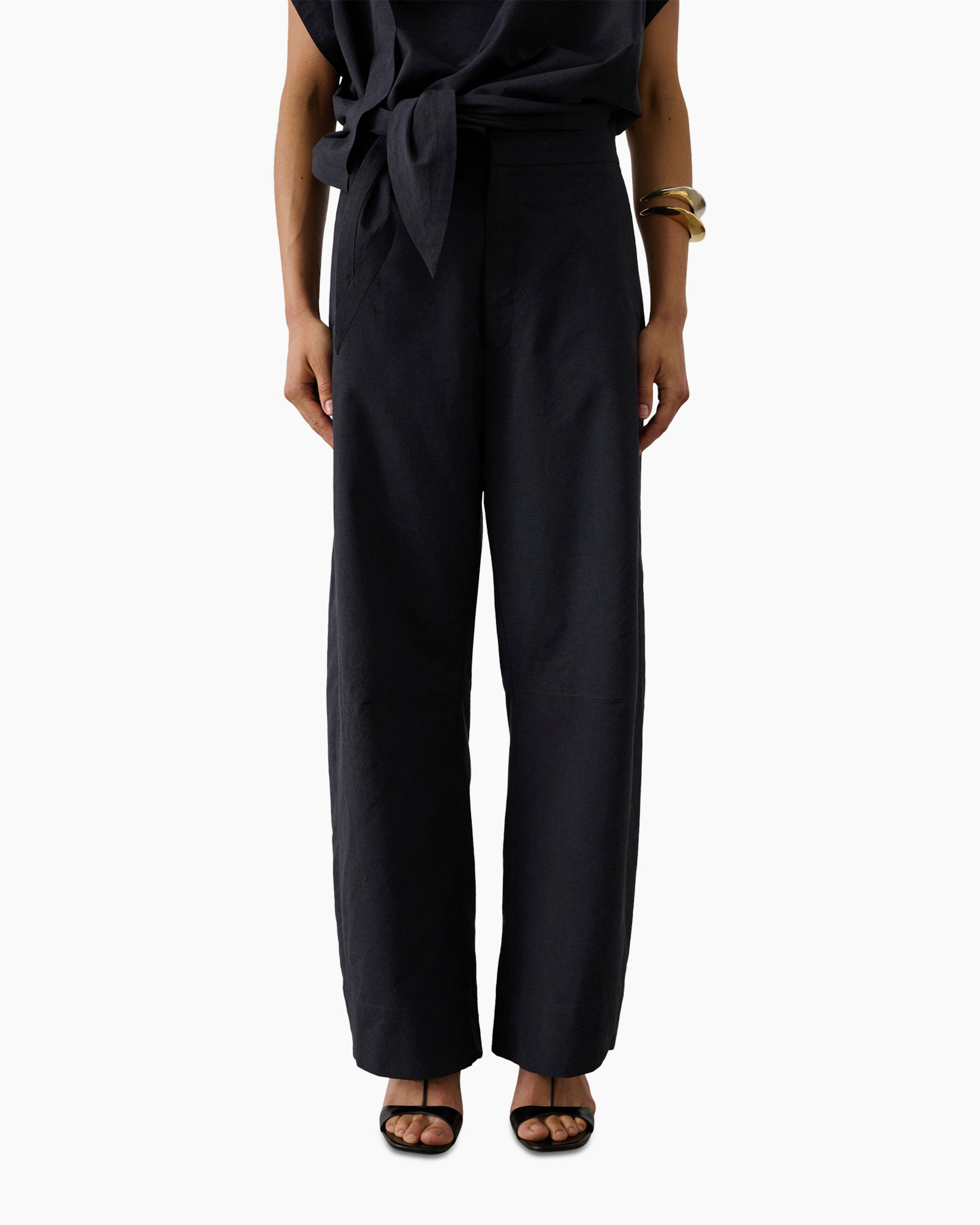 pants, wide-leg, black, high-waist, tie-belt