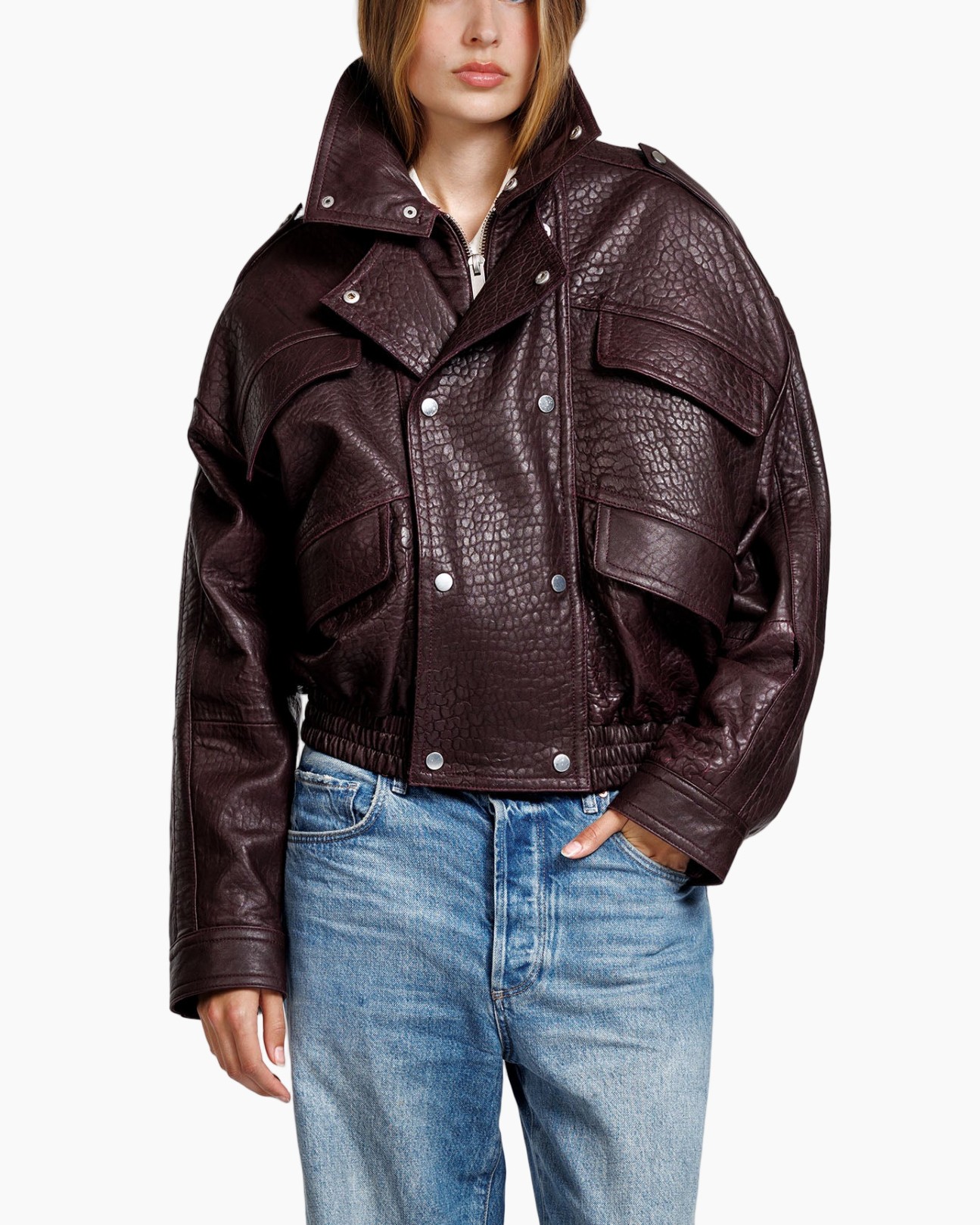 leer jacket, motorjack, korte jas, knop snaps, donkerbruin cognac