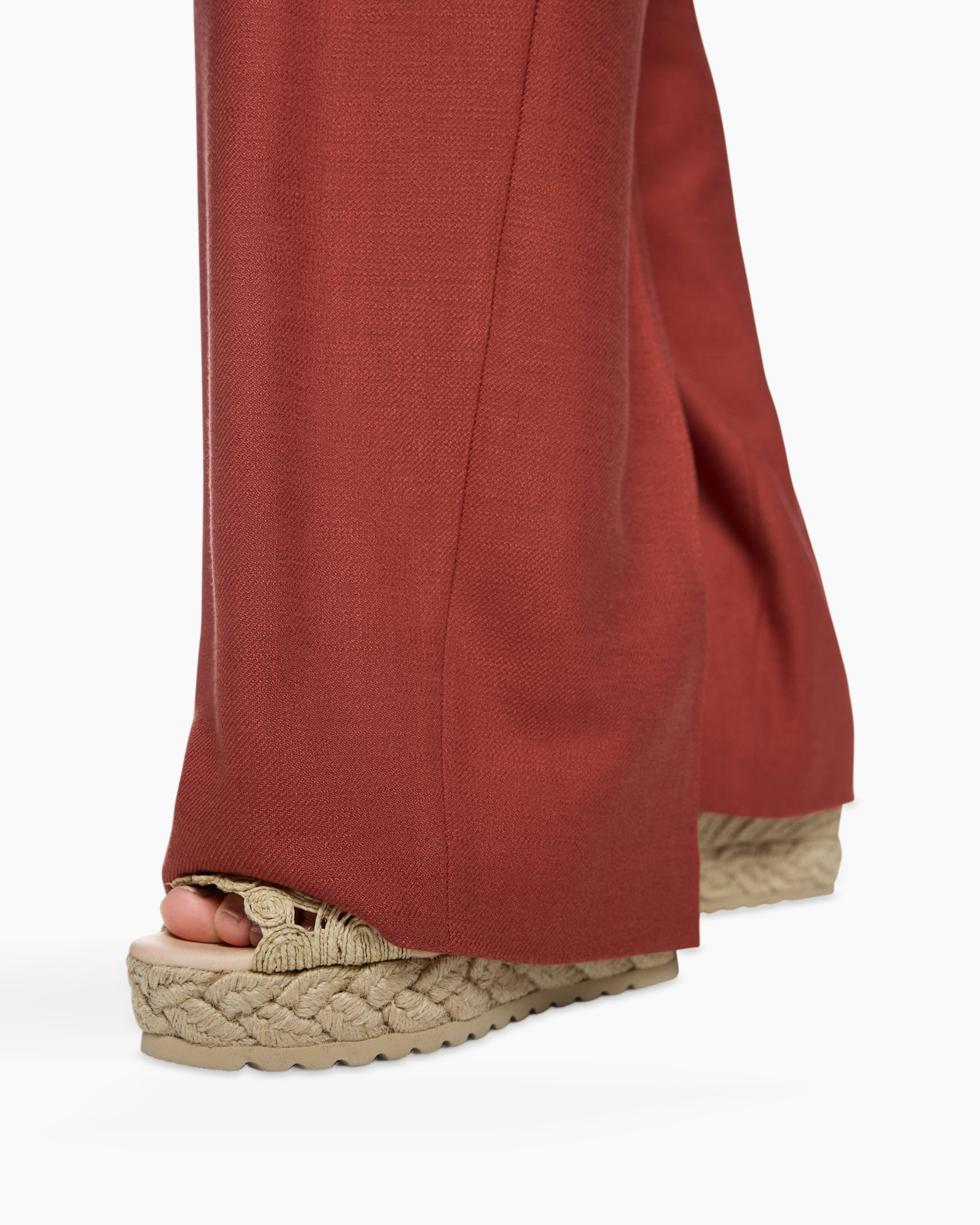 red pants, wide leg, linen look, braided espadrille, platform sandal