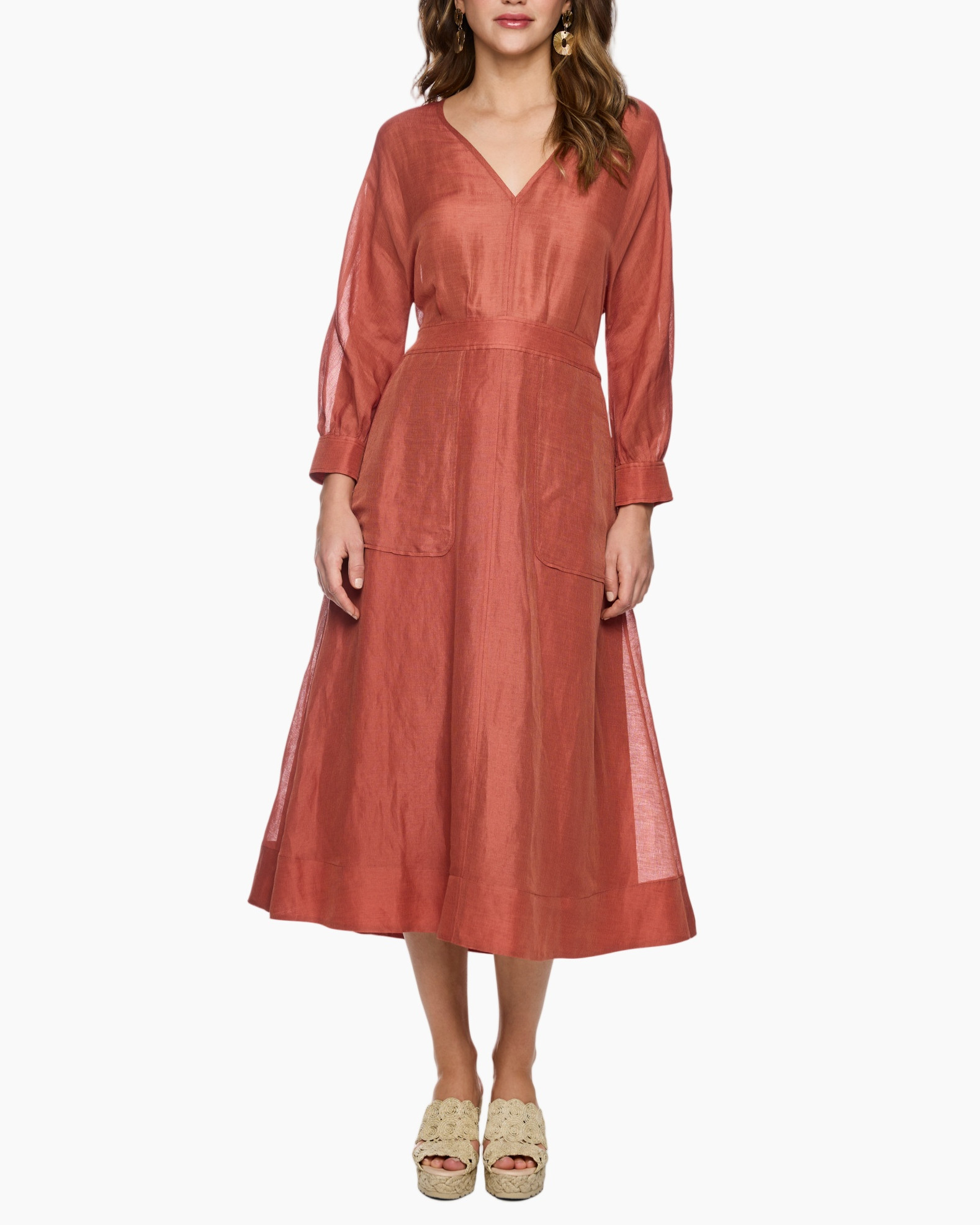 dress, linen, mid-length, long-sleeve, pockets