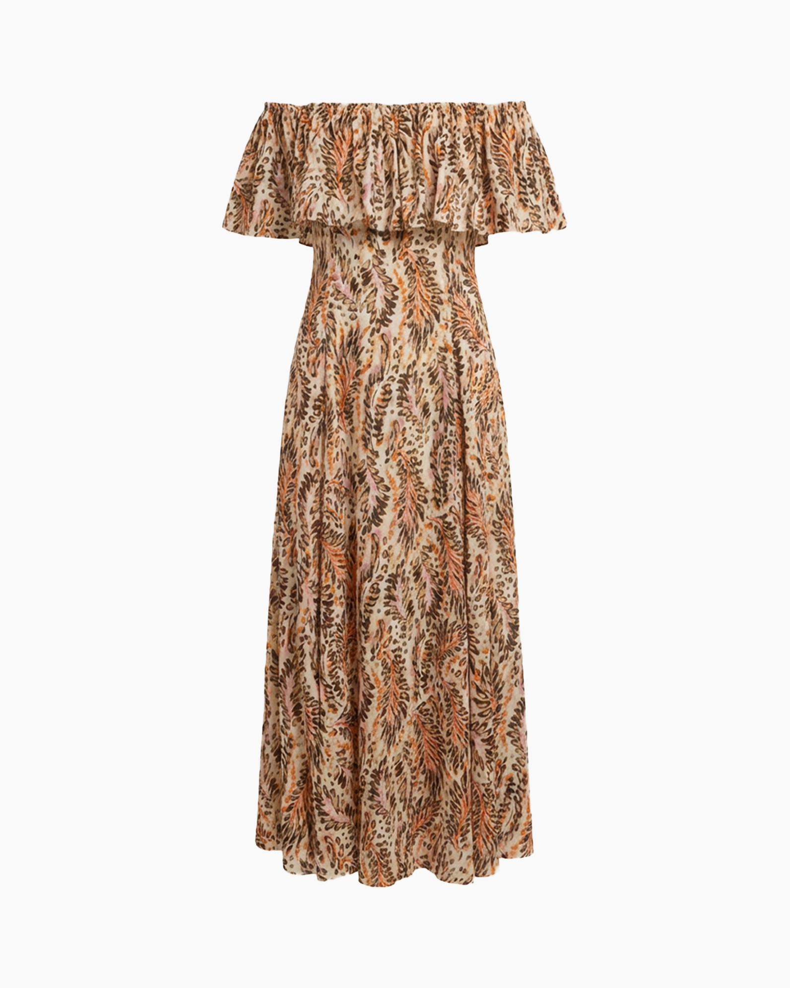 jurk, maxi, off-shoulder, patroon, bladprint
