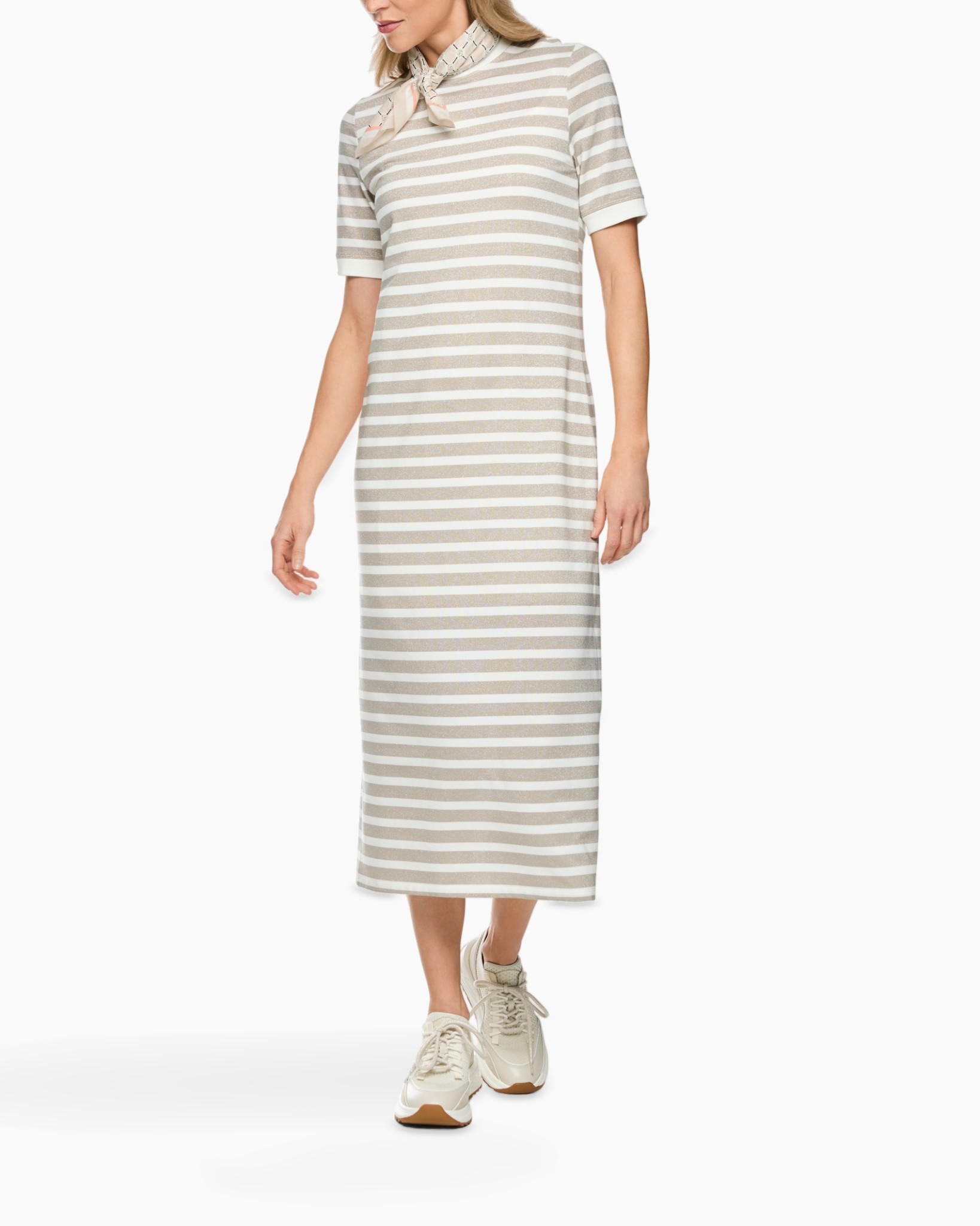 gestreepte jurk, midi jurk, overhemdjurk, brede strepen jurk, beige strepen