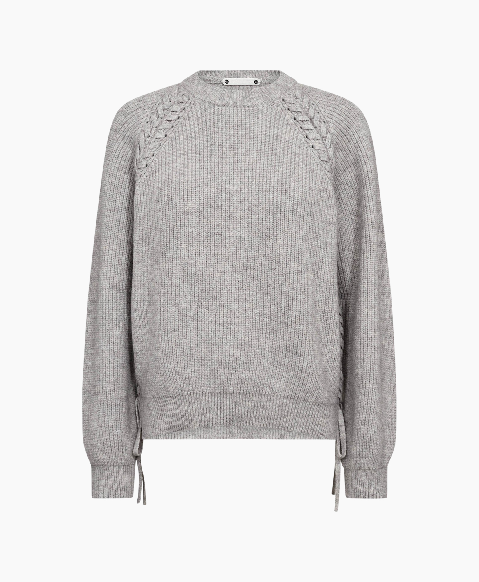 gebreide trui, rond hals, gekapte kabel details, slouchy pasvorm, ribboordmouwen
