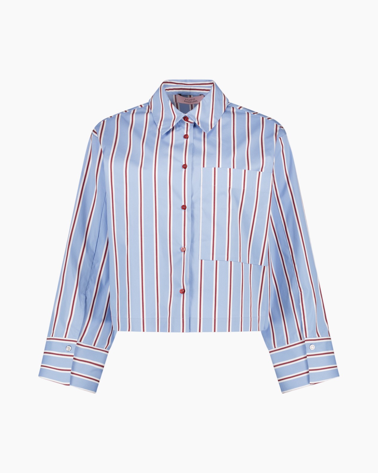 gestreept overhemd, blauw en rood, knoopsluiting, lange mouwen, borstzak