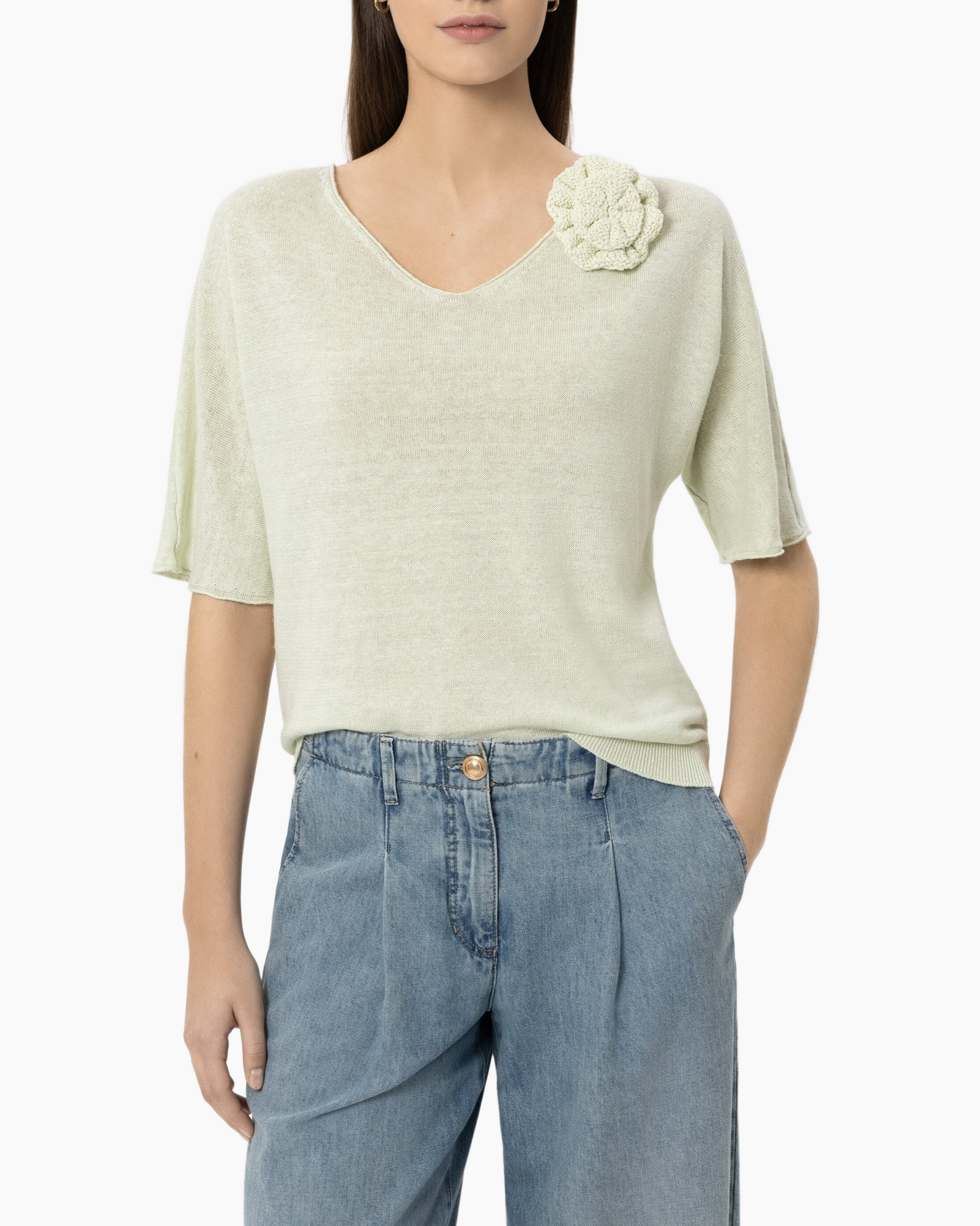 gebreide top, v-hals, korte mouwen, bloem appliqué, lichtgroen