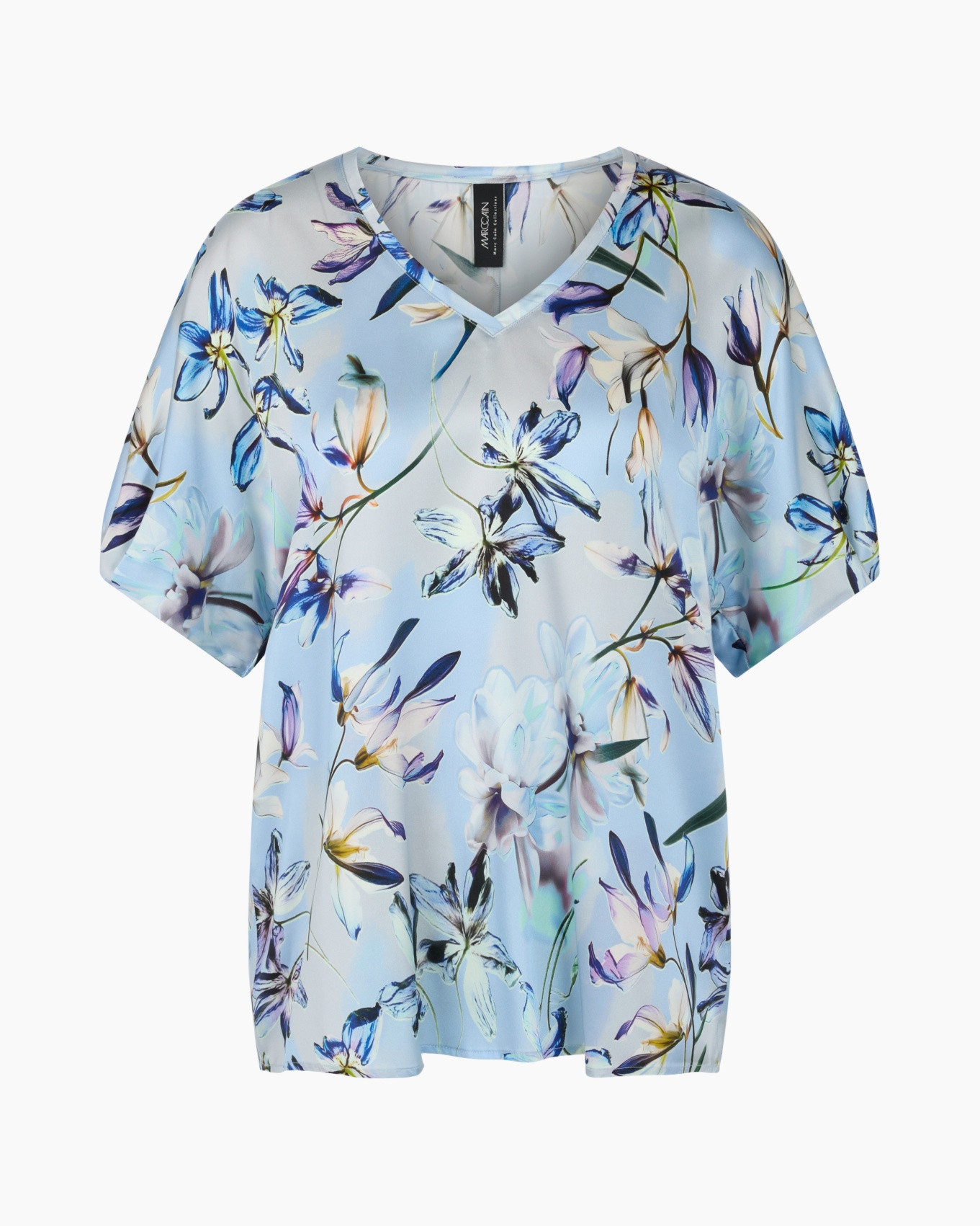 bloemenprint, v-hals, korte mouw, lichtblauw, tunikajasje