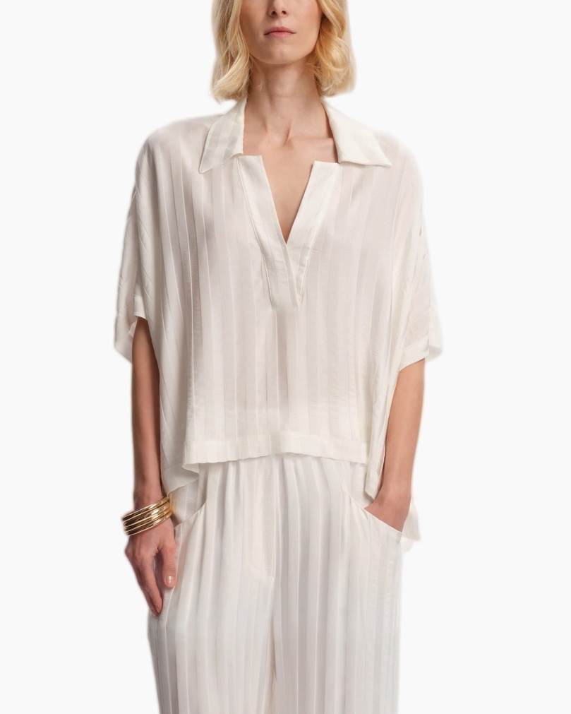 top, blouse, gekraagd, linnen, crème