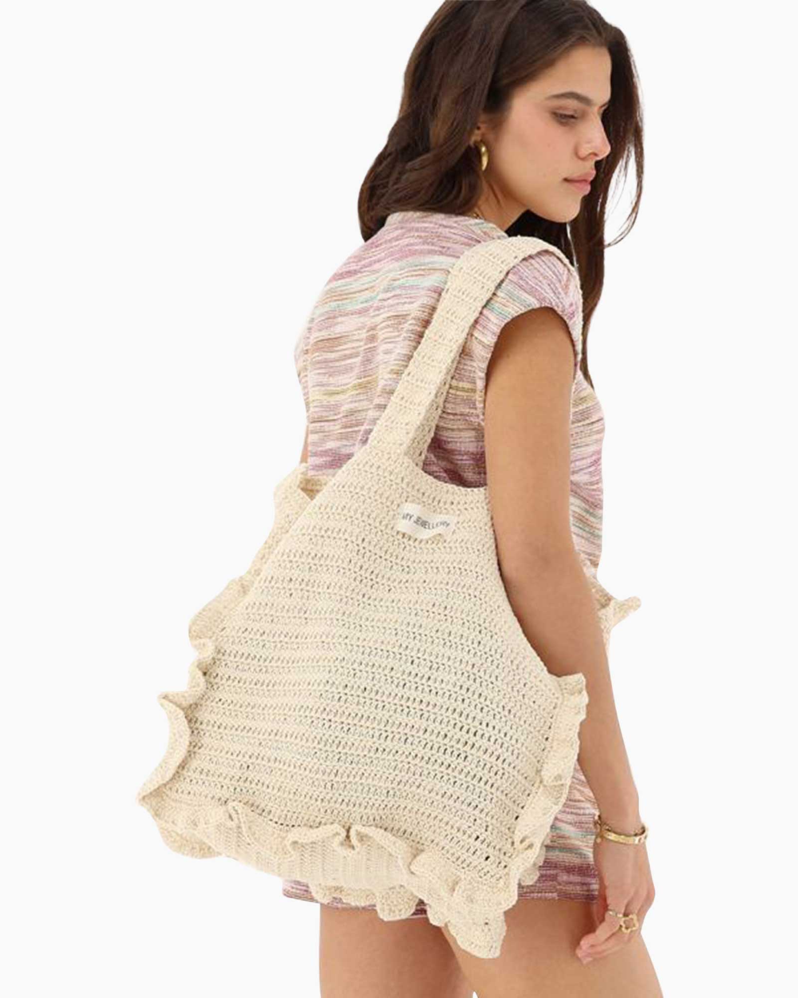 Tassen Bag Shopper Crochet Ruffle Beige