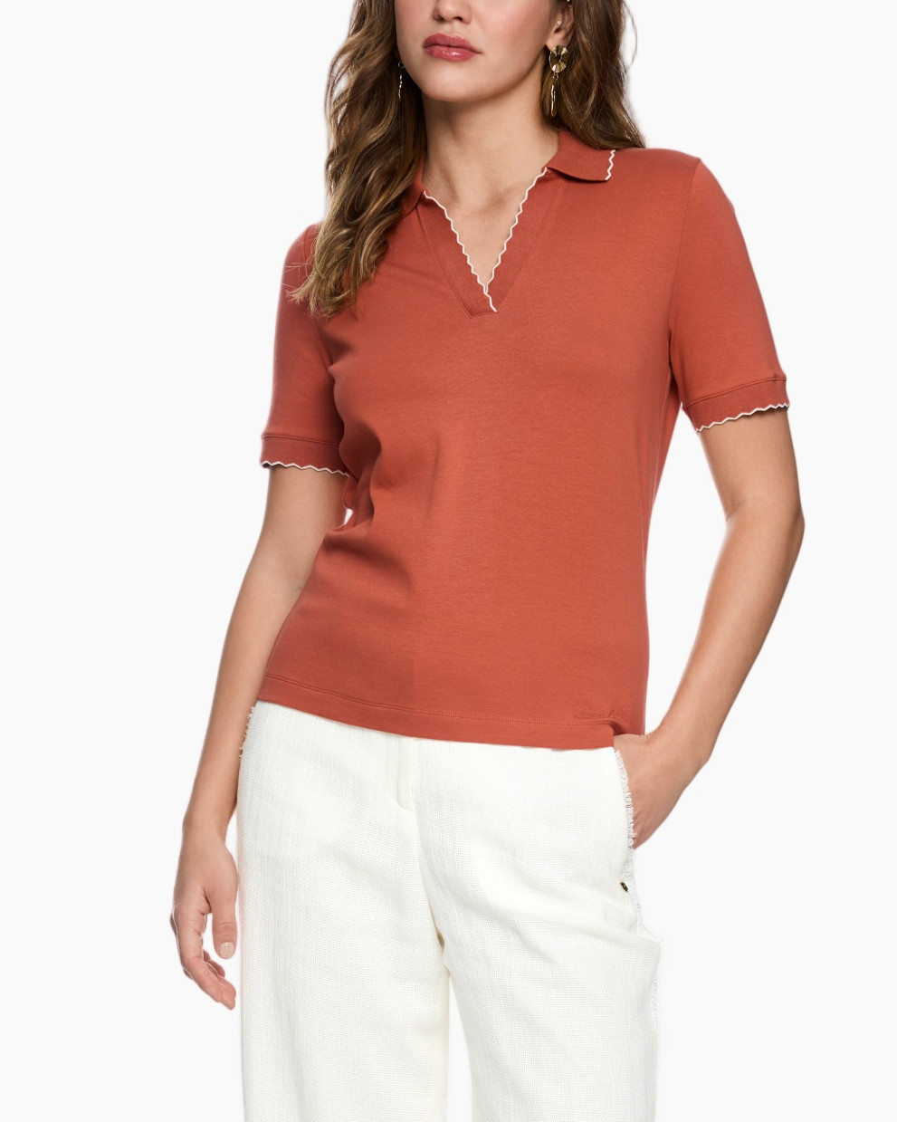 polo shirt, short sleeve, collared, solid color, rust red