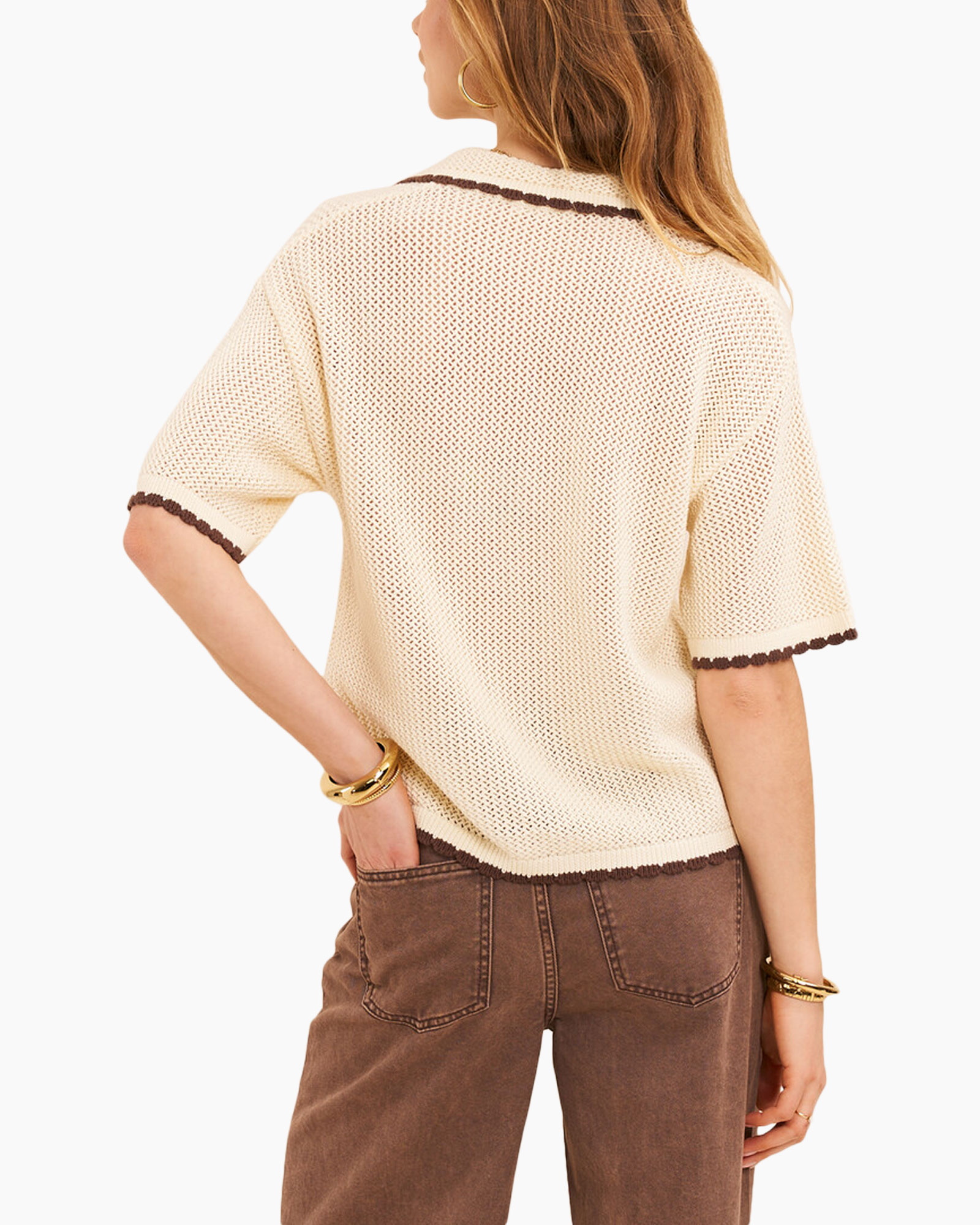 knit cardigan, mesh knit, short sleeves, cream color, brown trim