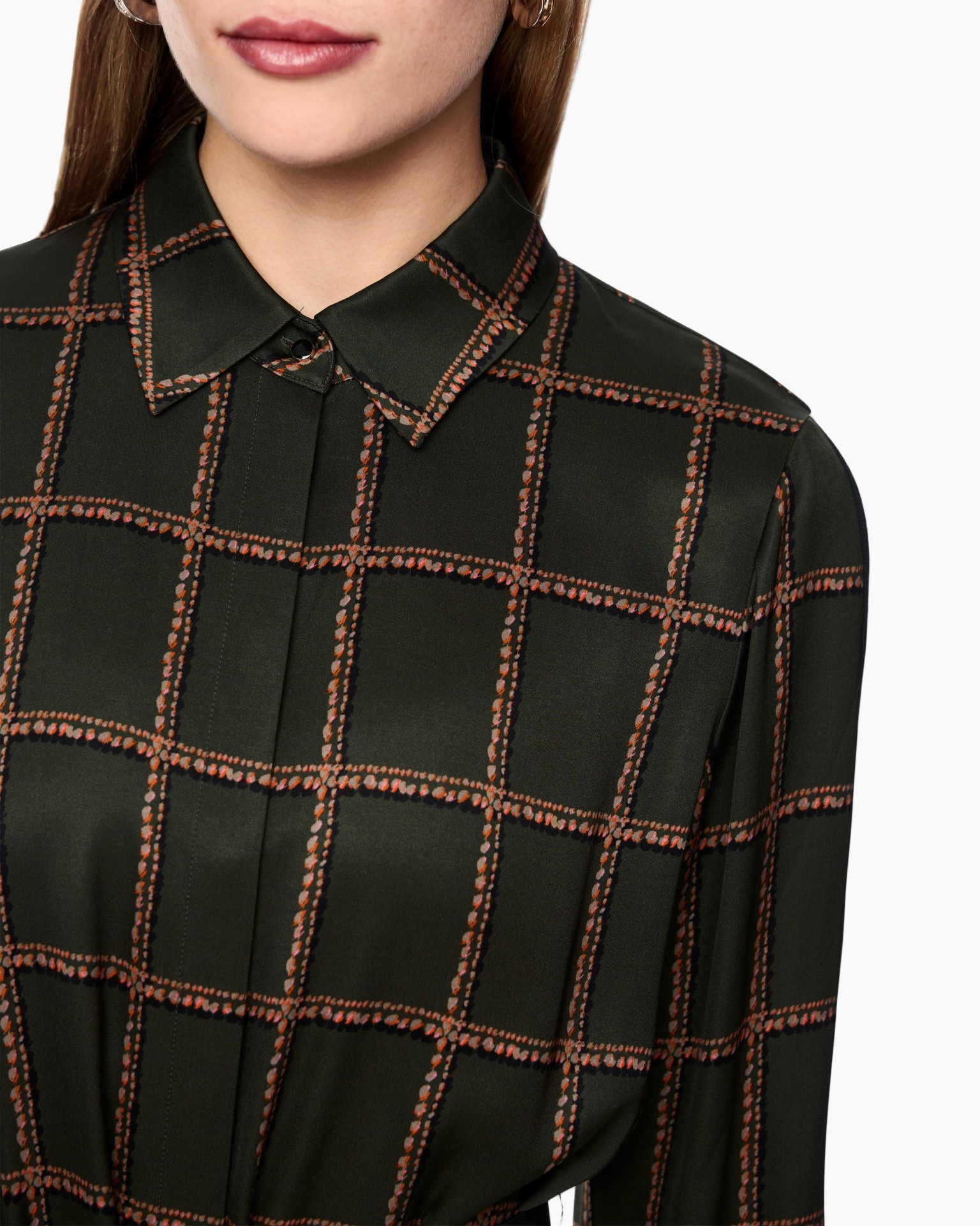 blouse, ruitstpatroon, knopen, kraag, lange mouw