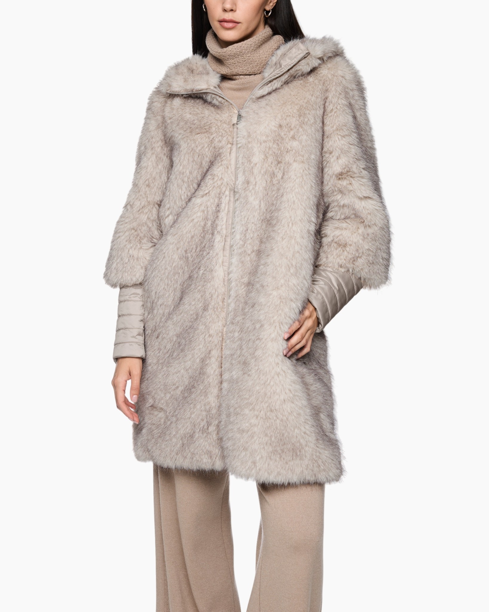 faux fur, jas, lange jas, neutrale beige, gepadde mouw