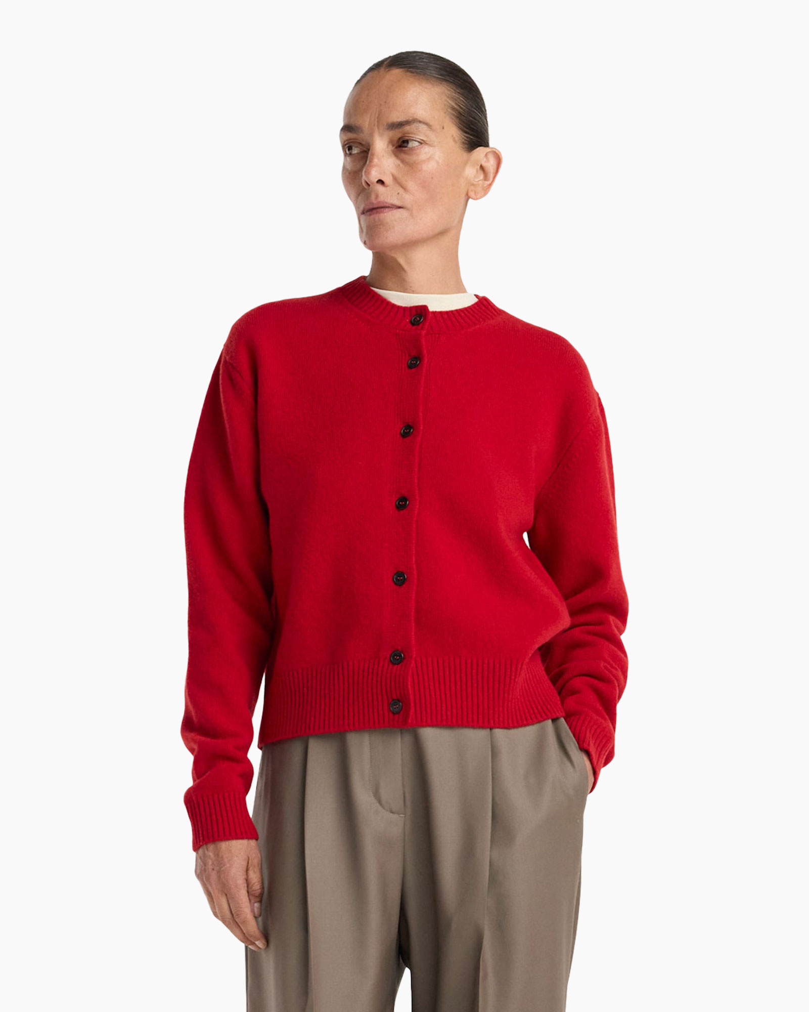 cardigan, rood, knopenrij, ribbelrand, lange mouwen