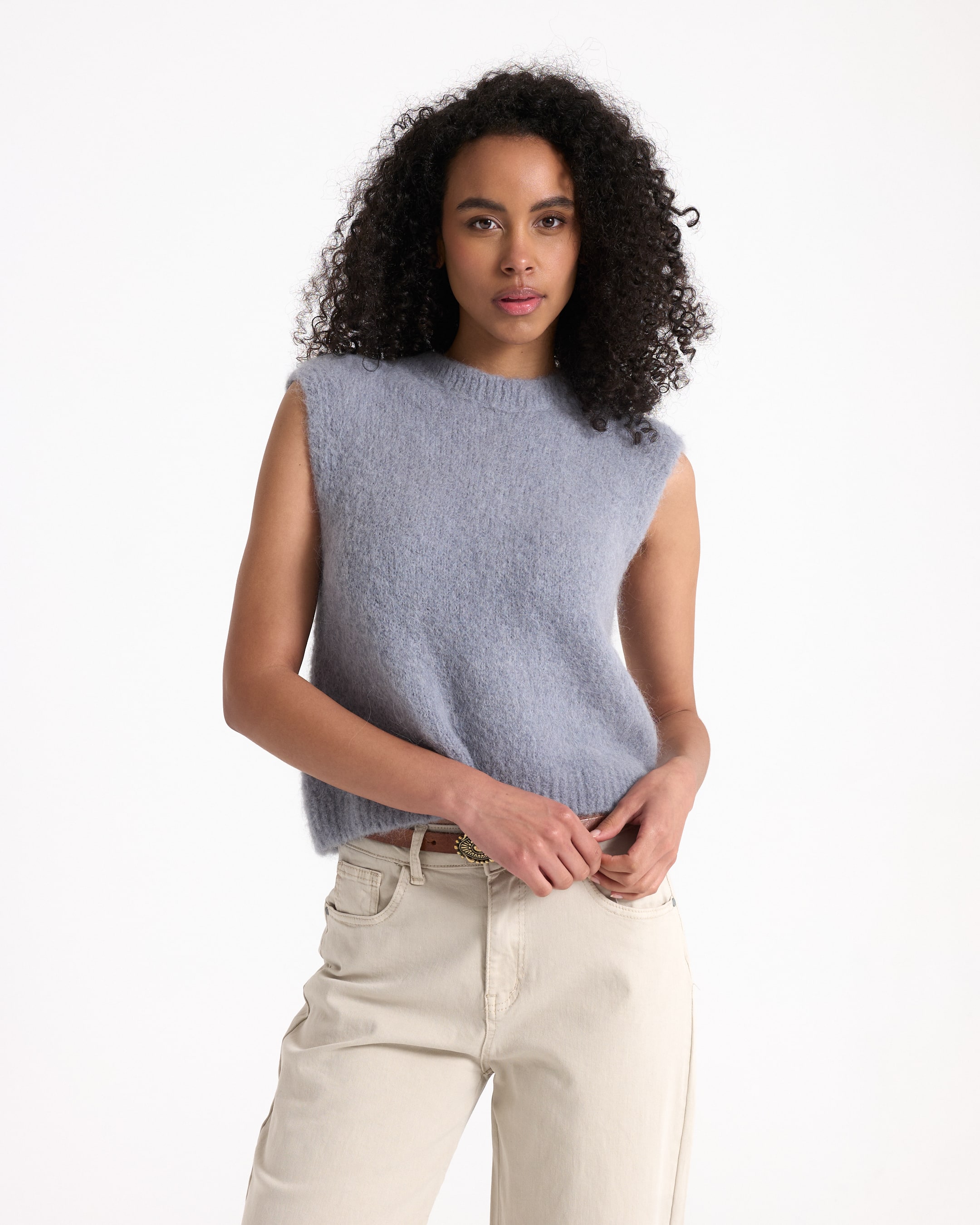 sleeveless, knit, gray, top, pullover, sleeveless top, knit vest, blue-gray, fuzzy texture, crew neck