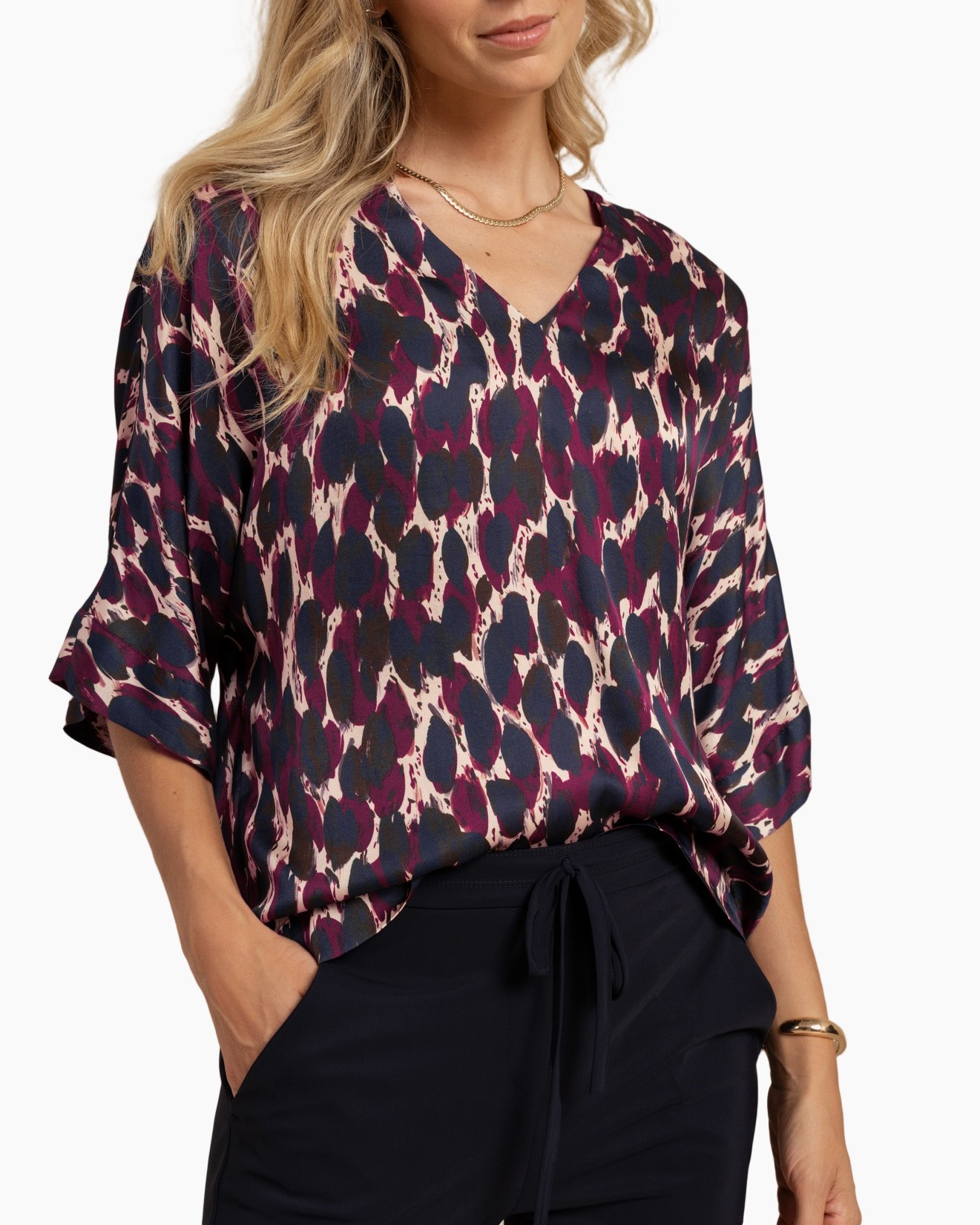 blouse, pull over, dierprint, v-hals, korte mouw