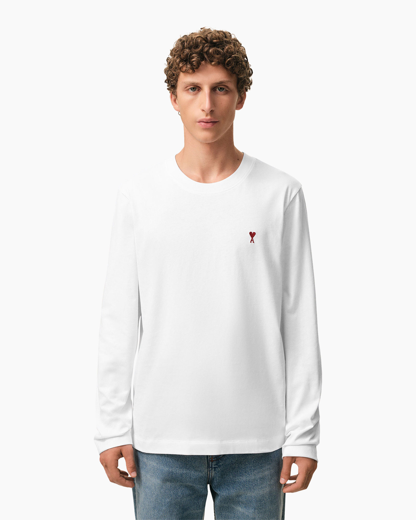 lange mouwen, wit, t-shirt, kleine logo, rond hals